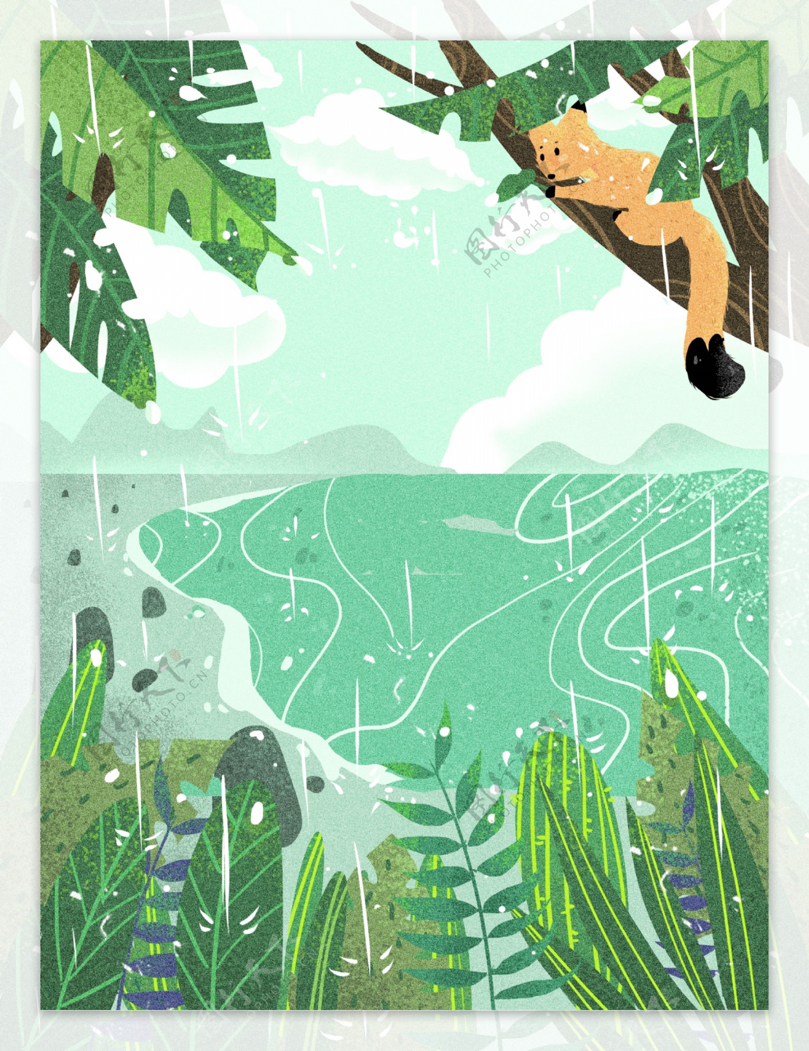 手绘在树上躲雨的猫背景素材