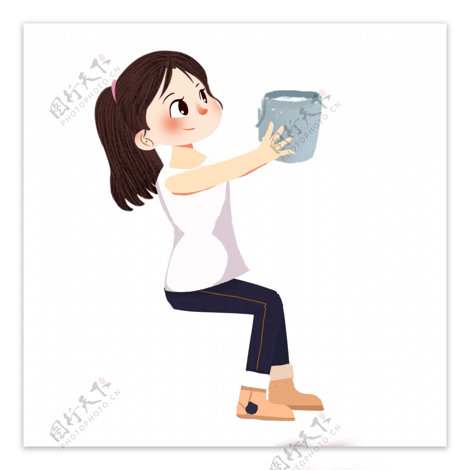 卡通可爱拿着一桶水的女孩