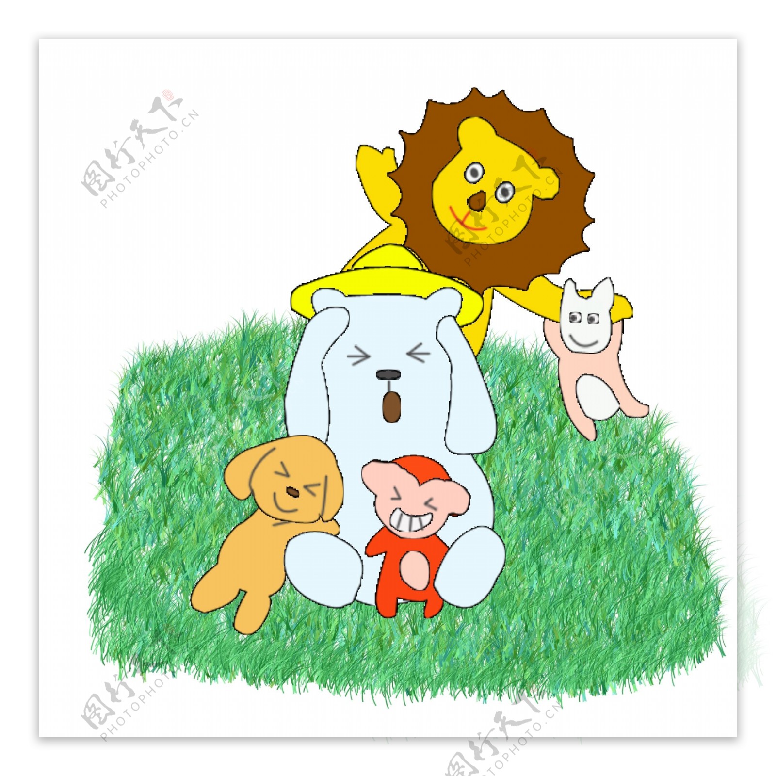 卡通动物世界狮子小熊草地玩耍