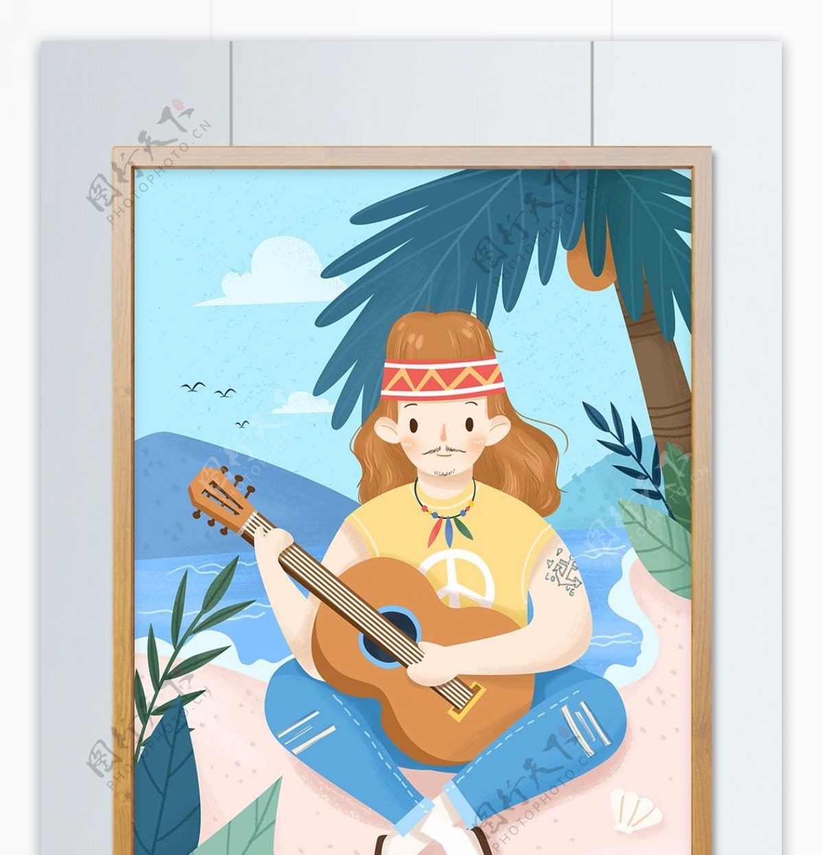 旅游旅行夏天吉他音乐海岛沙滩热带欢乐插画