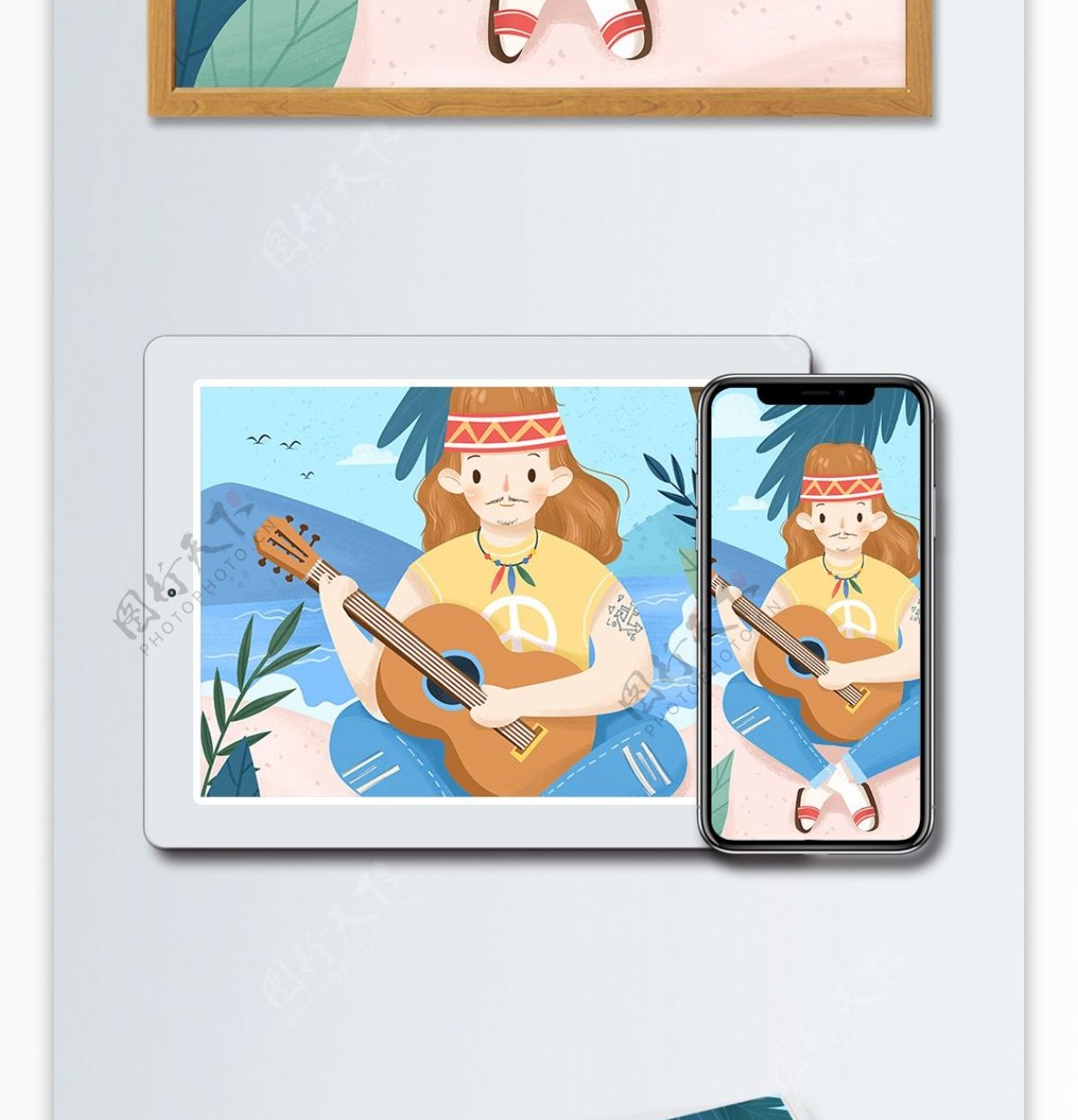 旅游旅行夏天吉他音乐海岛沙滩热带欢乐插画