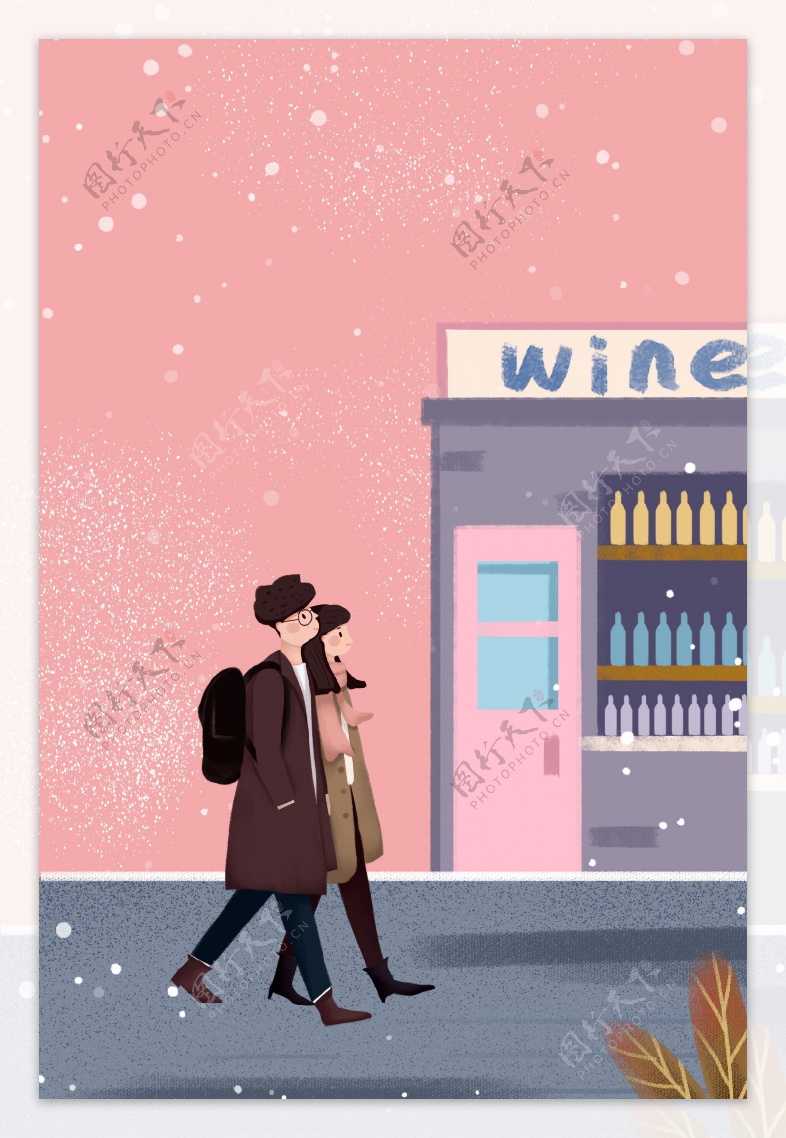 冬日街道购物的情侣促销海报