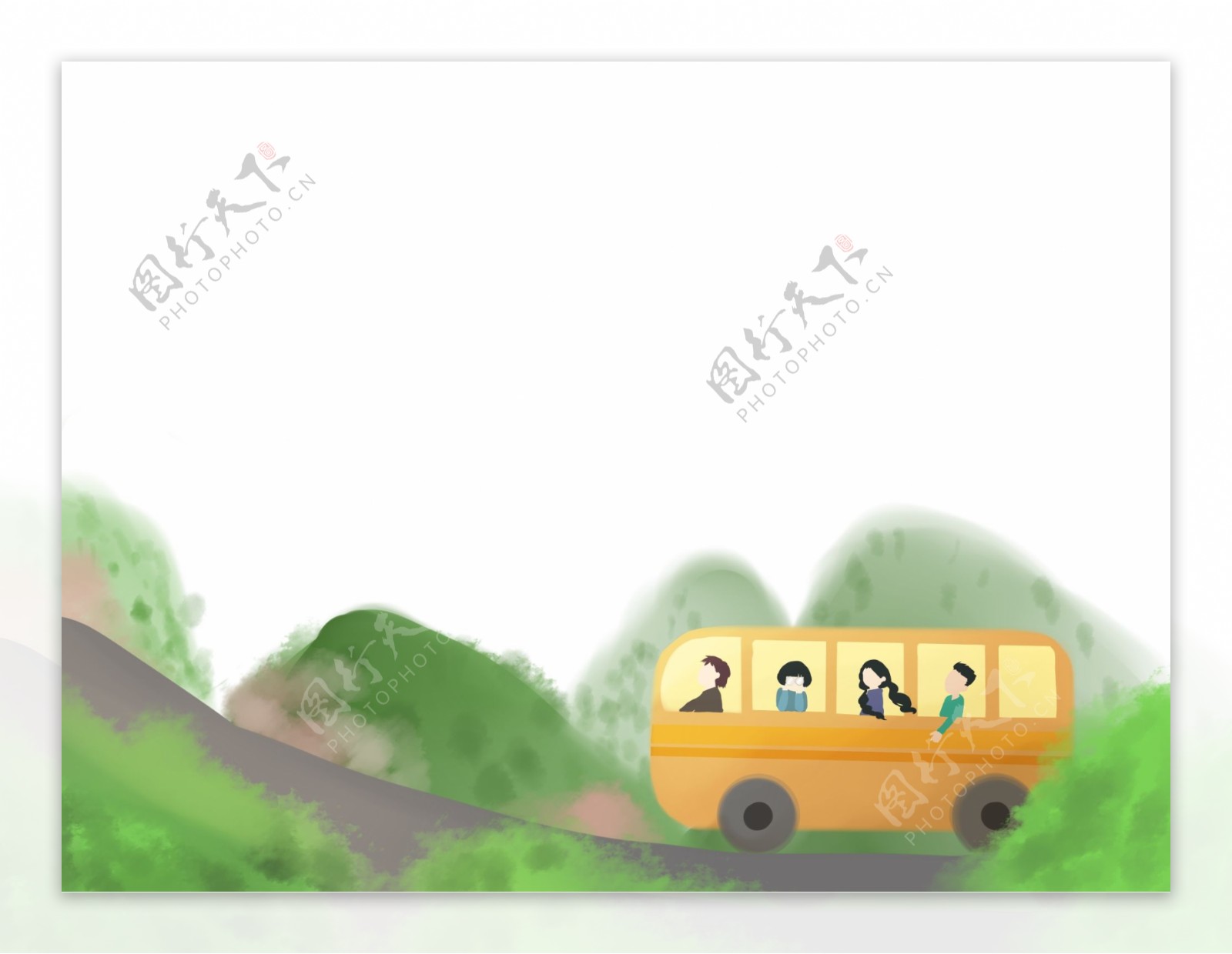 春天自家绿色旅行面包车装饰底框山风景绿色海报边框