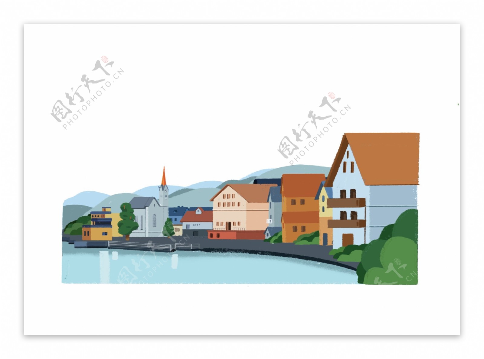 欧洲小镇宁静湖水装饰底框春日风景海报边框底部边框