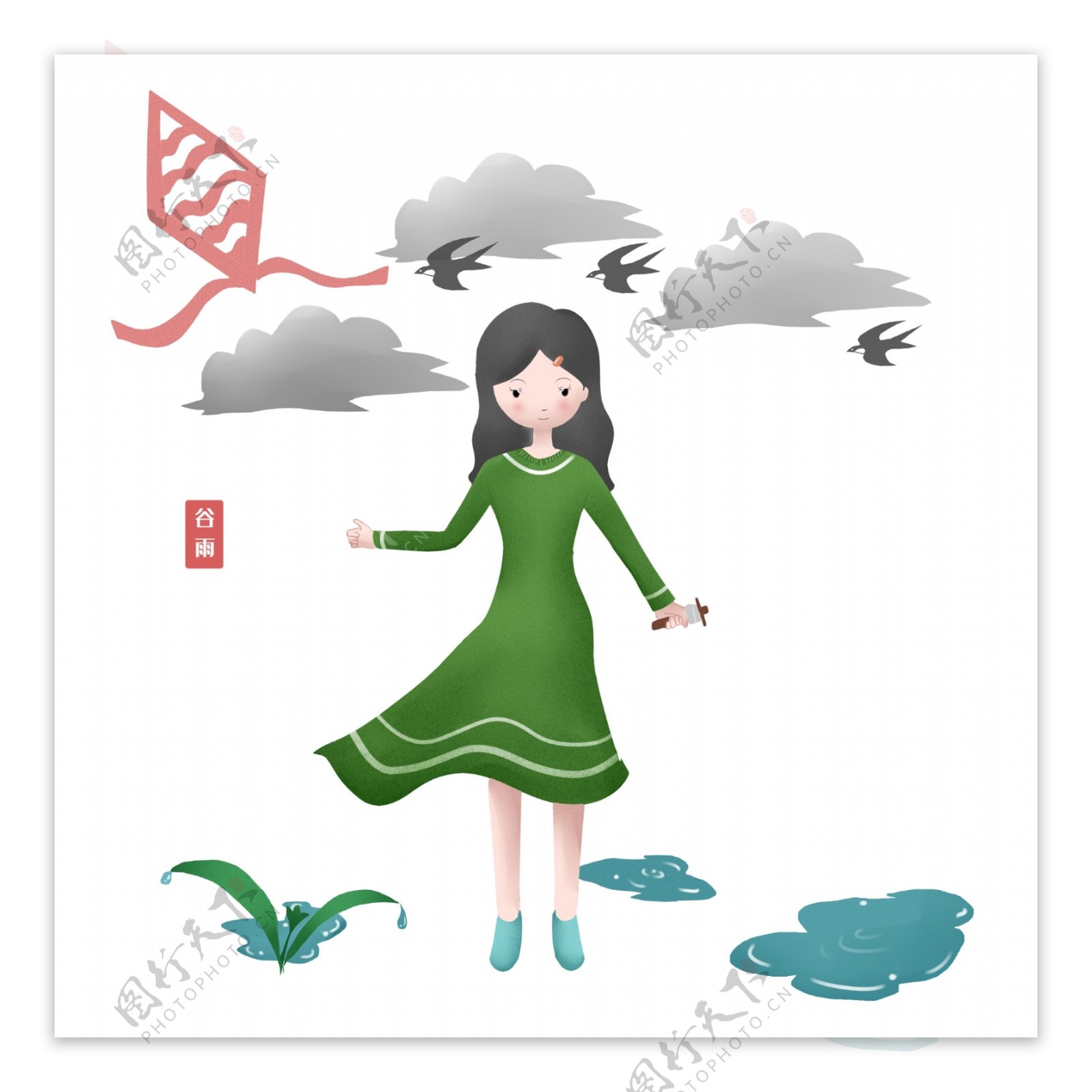 谷雨放风筝的女孩插画