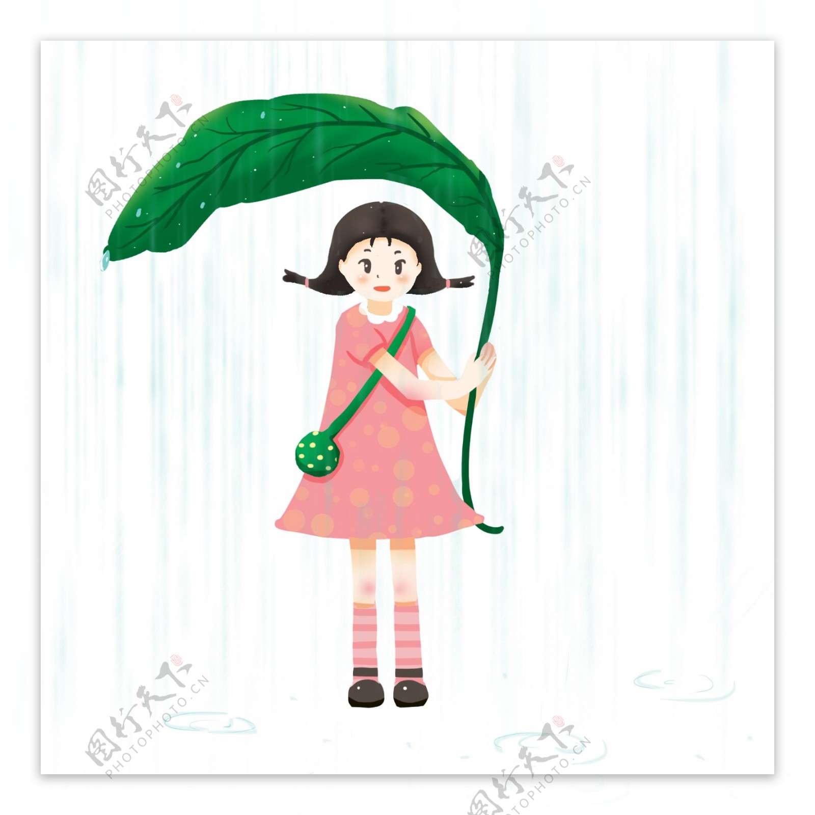 谷雨叶子挡雨的女孩