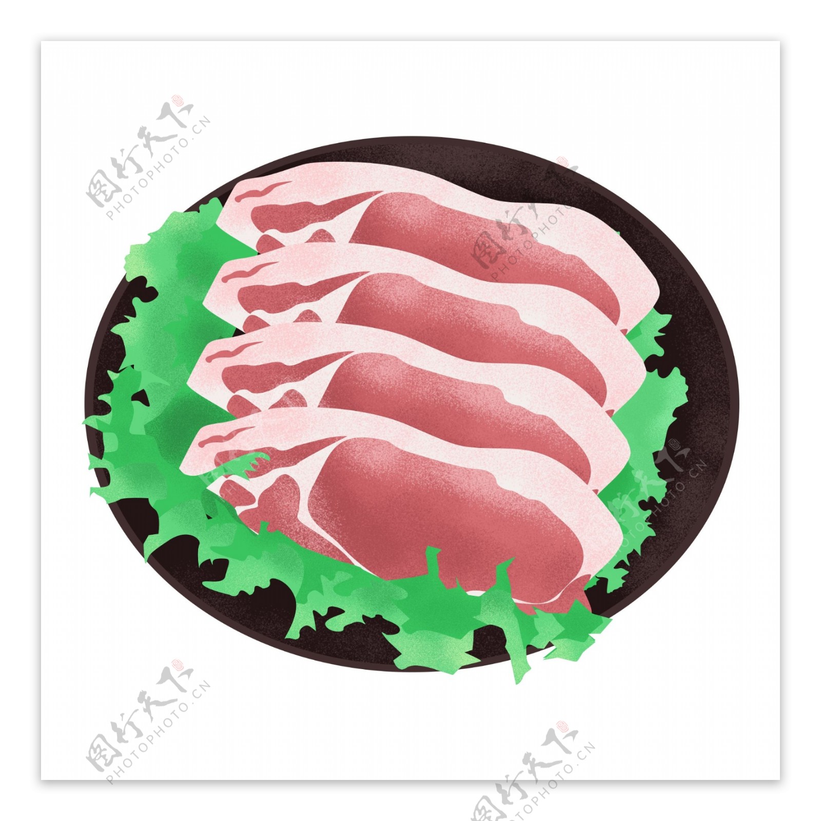 手绘装在盘子里面的新鲜生猪肉元素