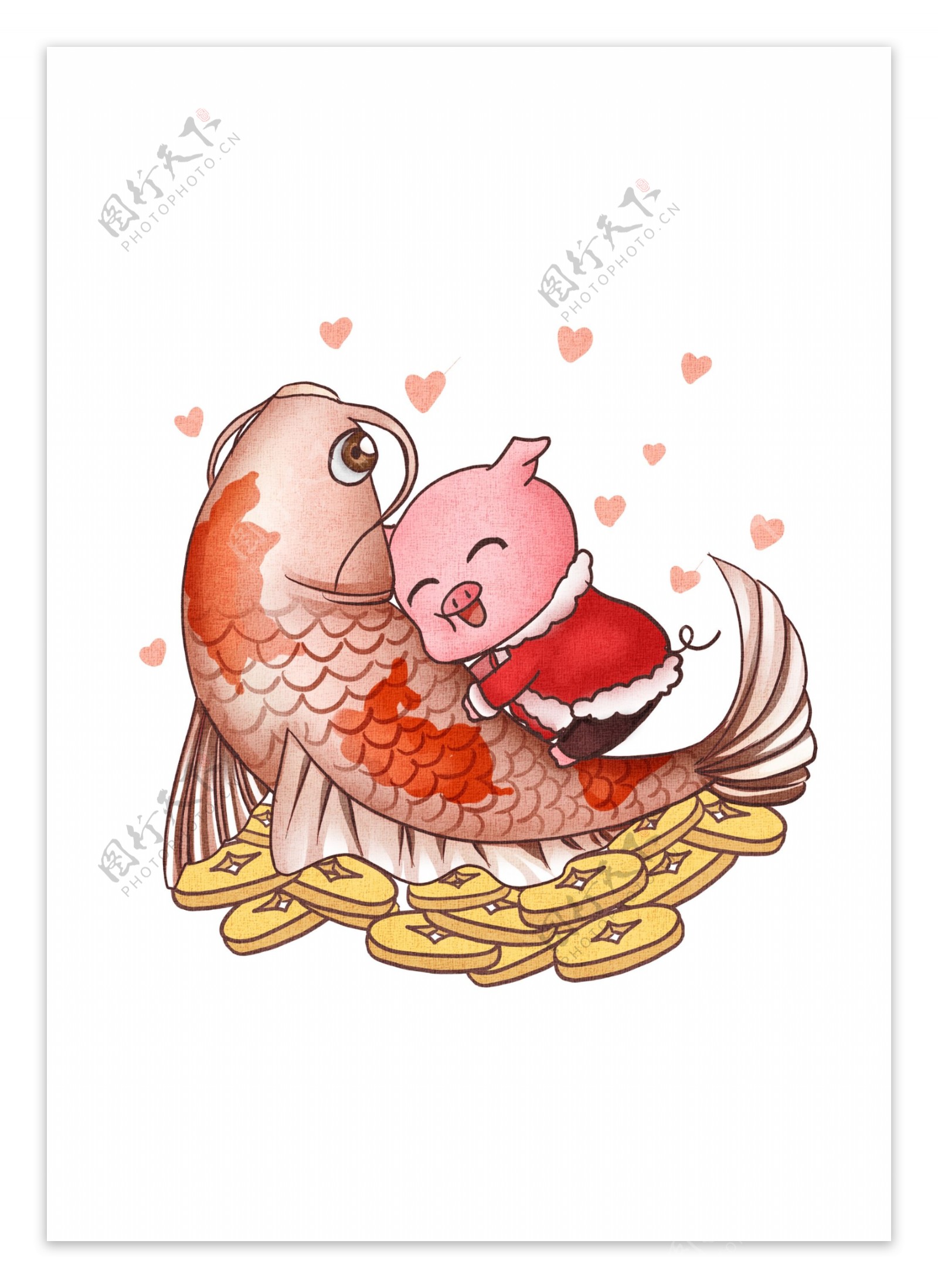 手绘中国风锦鲤和可爱小猪