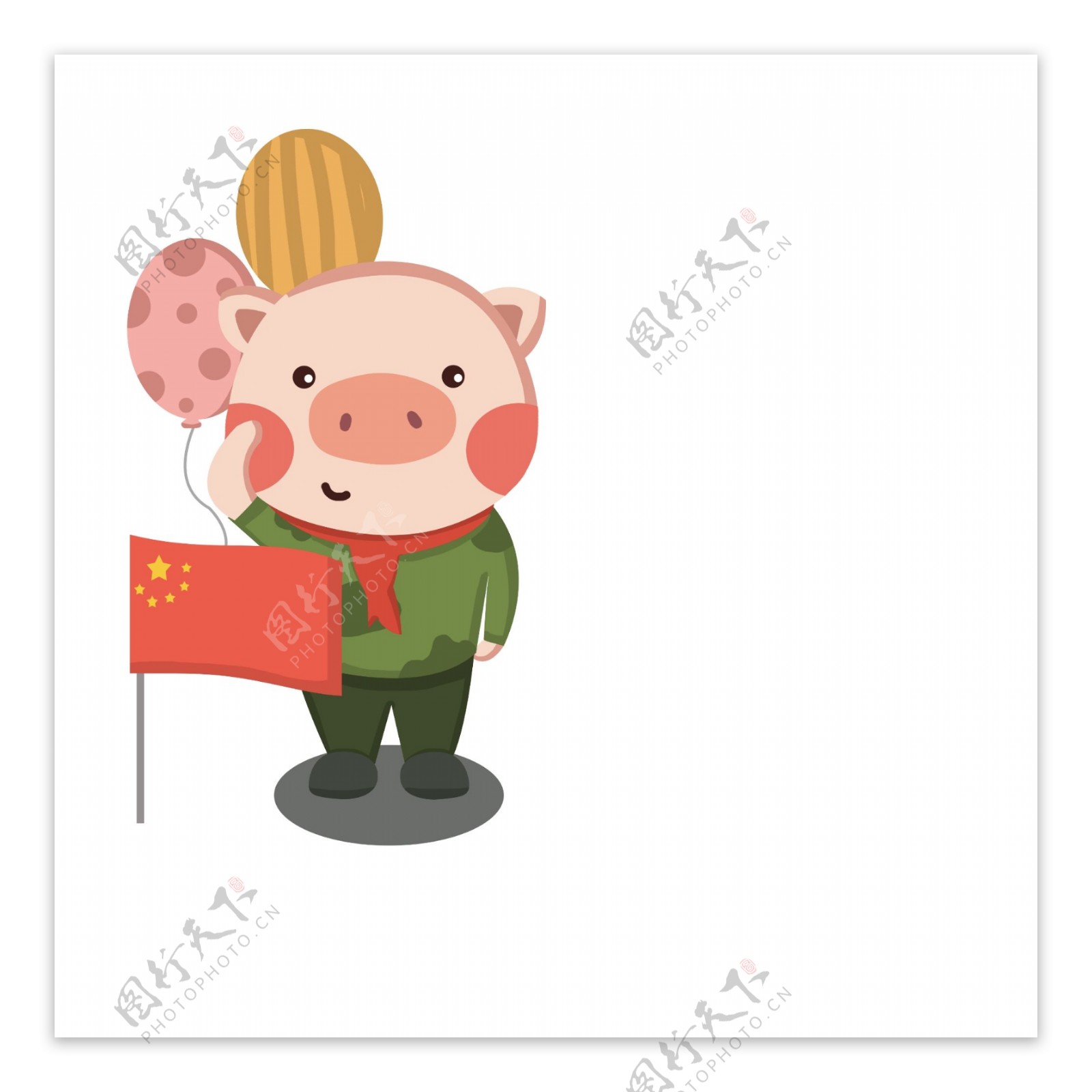 卡通手绘猪年可爱呆萌小猪气球红旗绿色军装