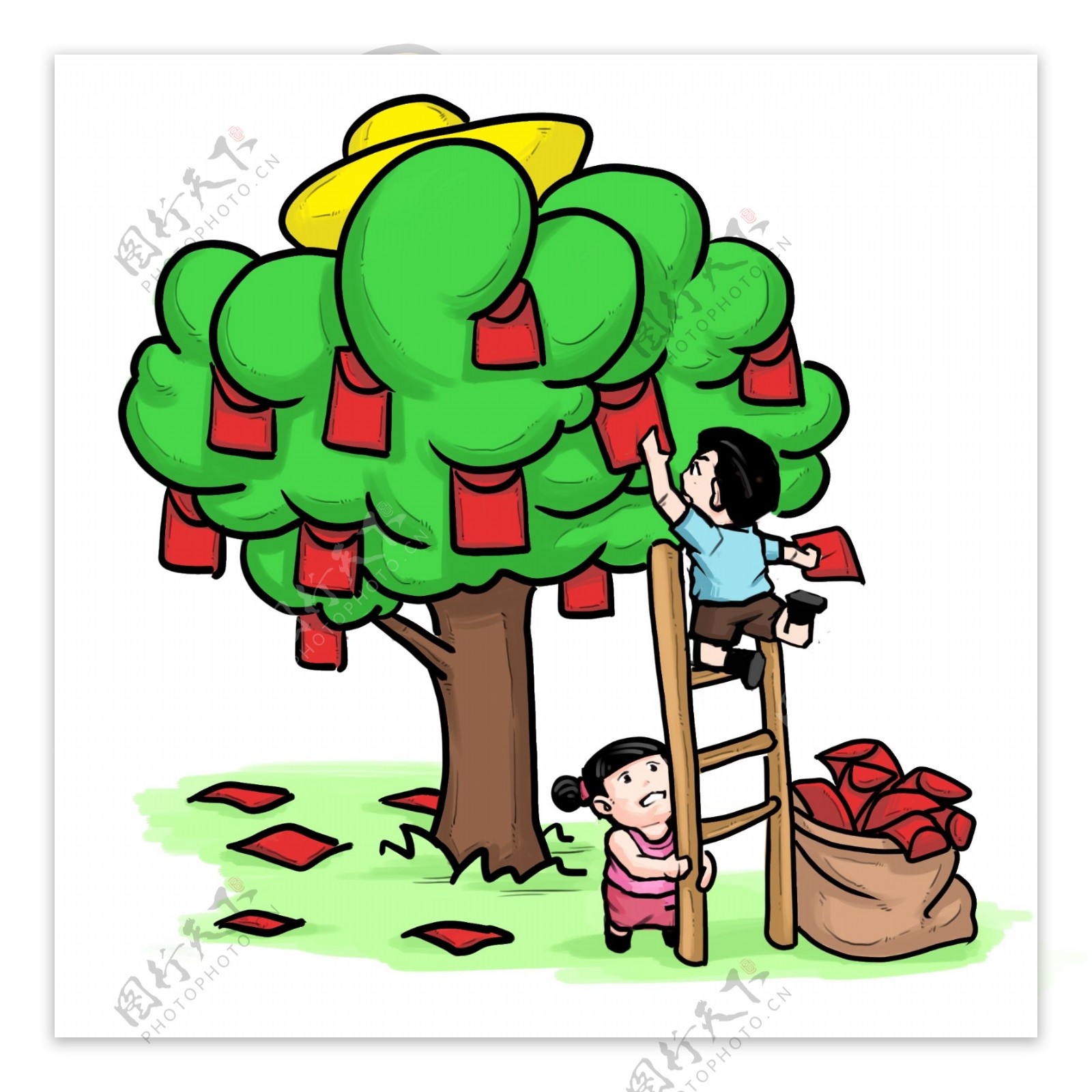 手绘绿色的红包树插画