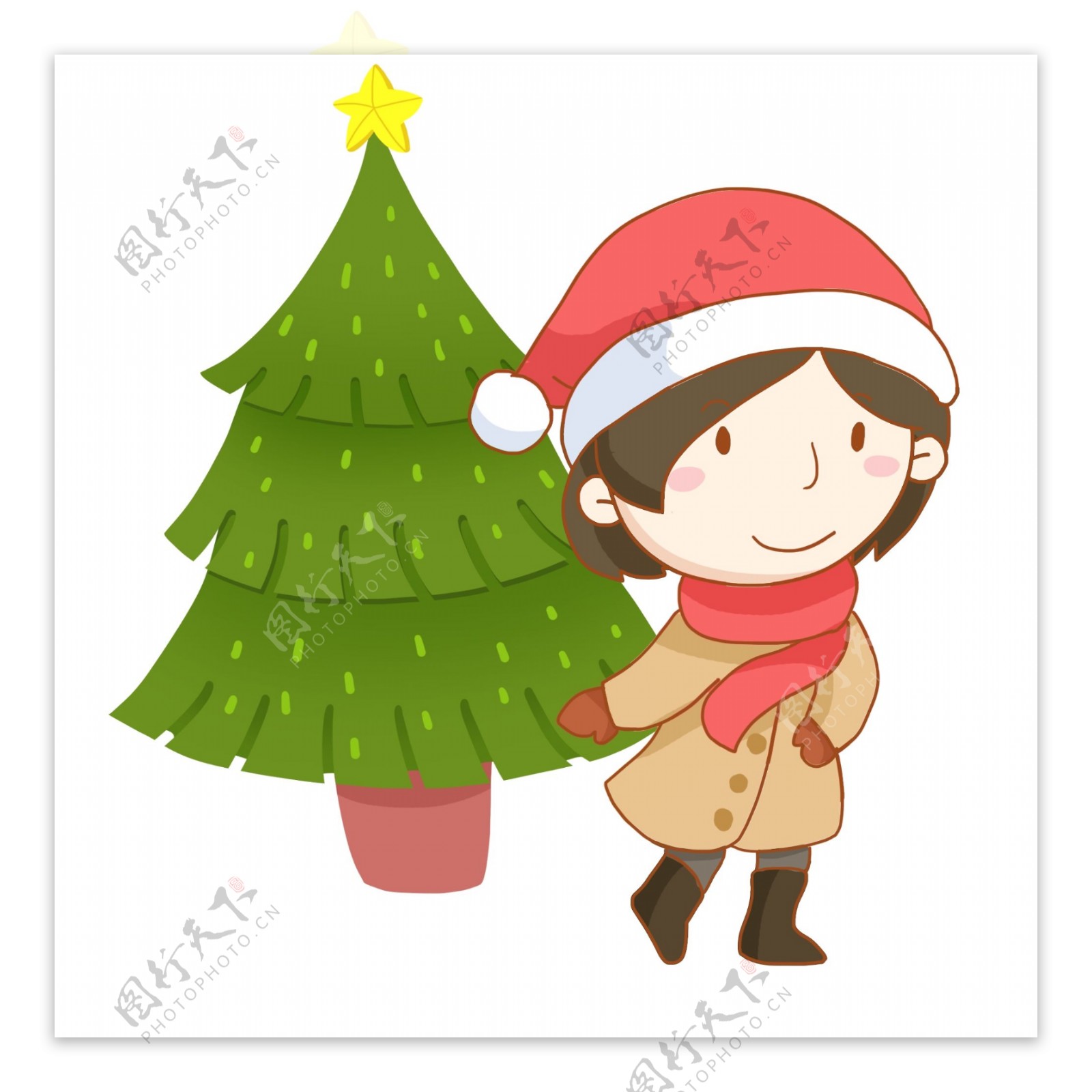 圣诞节女孩和圣诞树免抠PNG素材