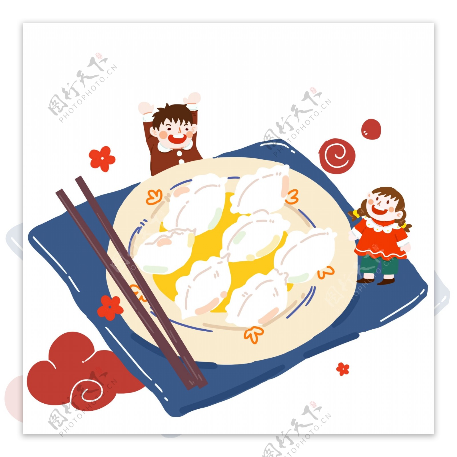手绘过大年吃饺子儿童插画
