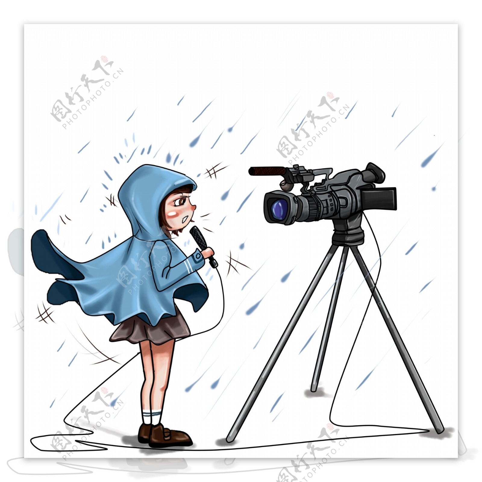 动漫厚涂大雨中进行新闻报道的记者女孩创插画PNG