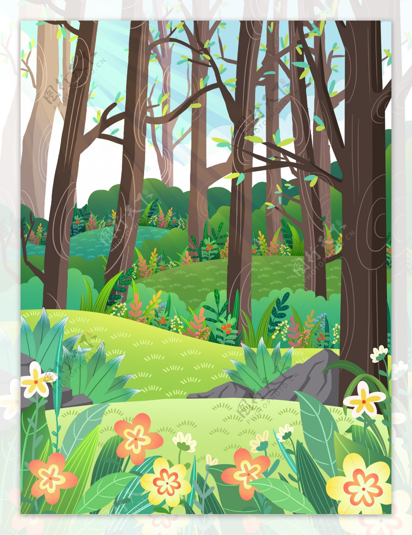 手绘春季树林花丛背景设计