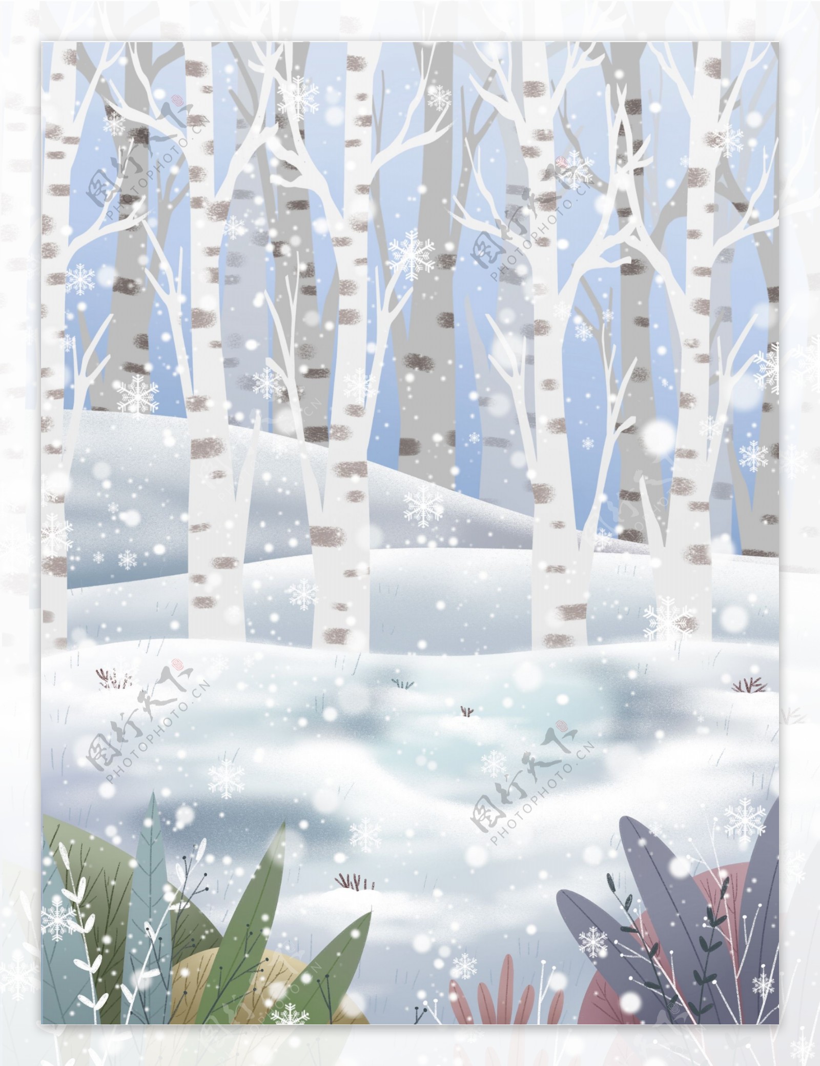 手绘冬季树林背景素材