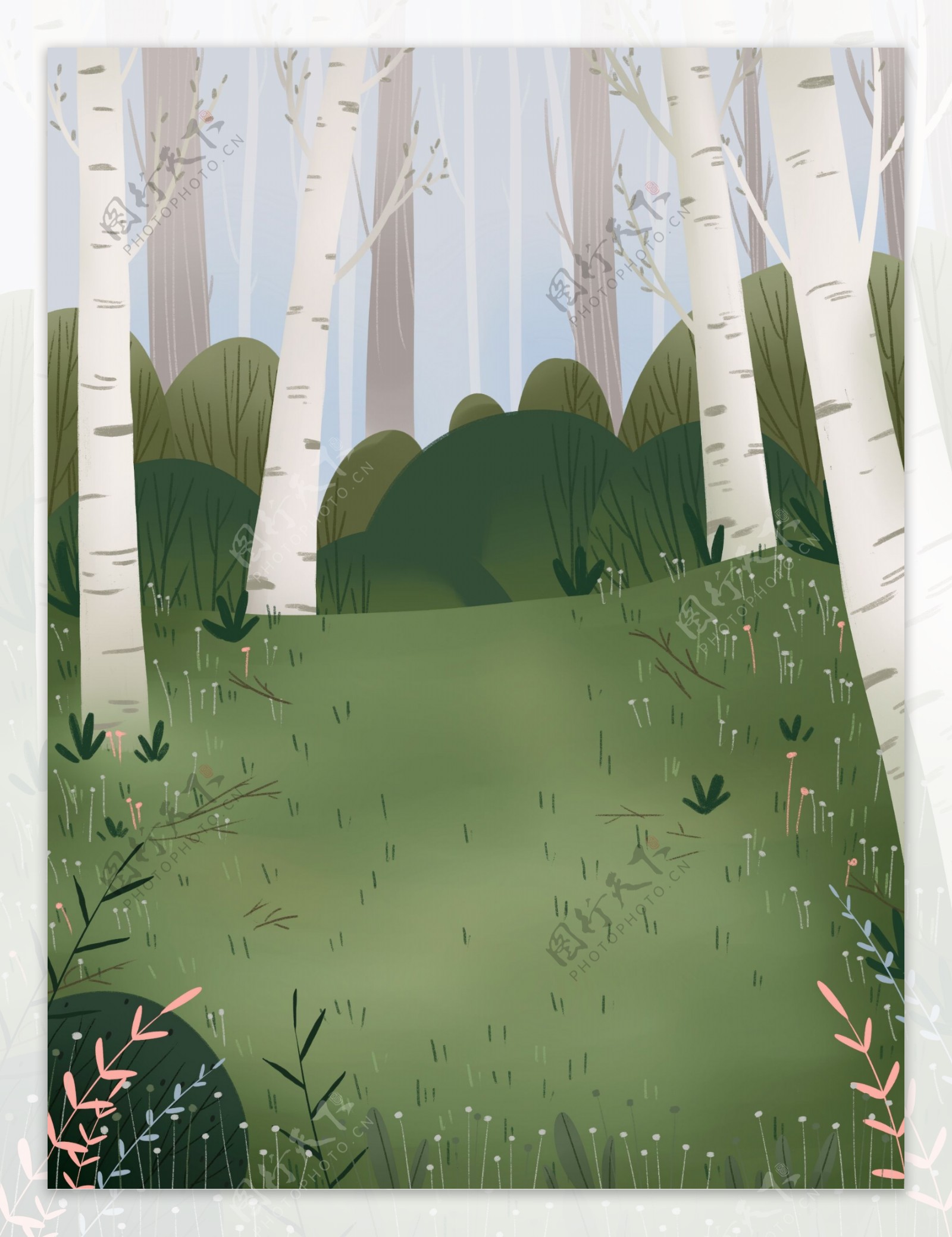 手绘水彩树林里的春天背景素材