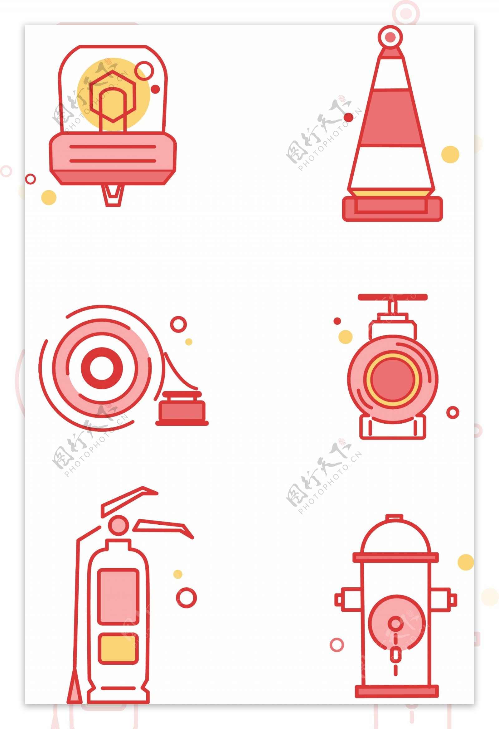 红黄扁平风图标警示灯水带消防栓图标