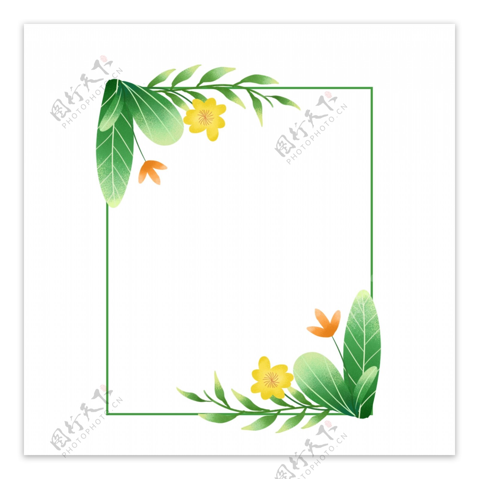 手绘春天绿色清新植物鲜花绿叶边框装饰图案