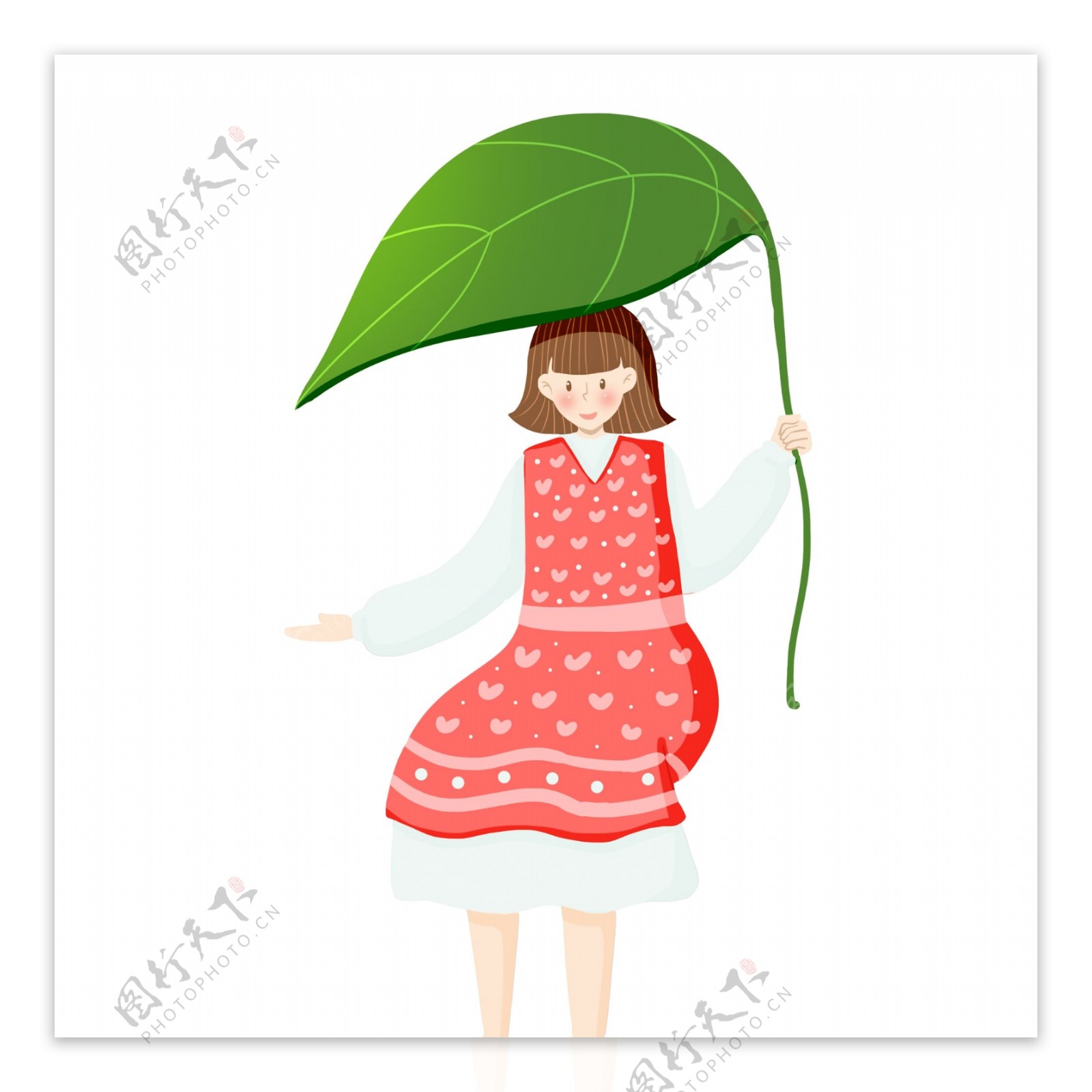卡通小清新拿着树叶伞的女孩插画设计