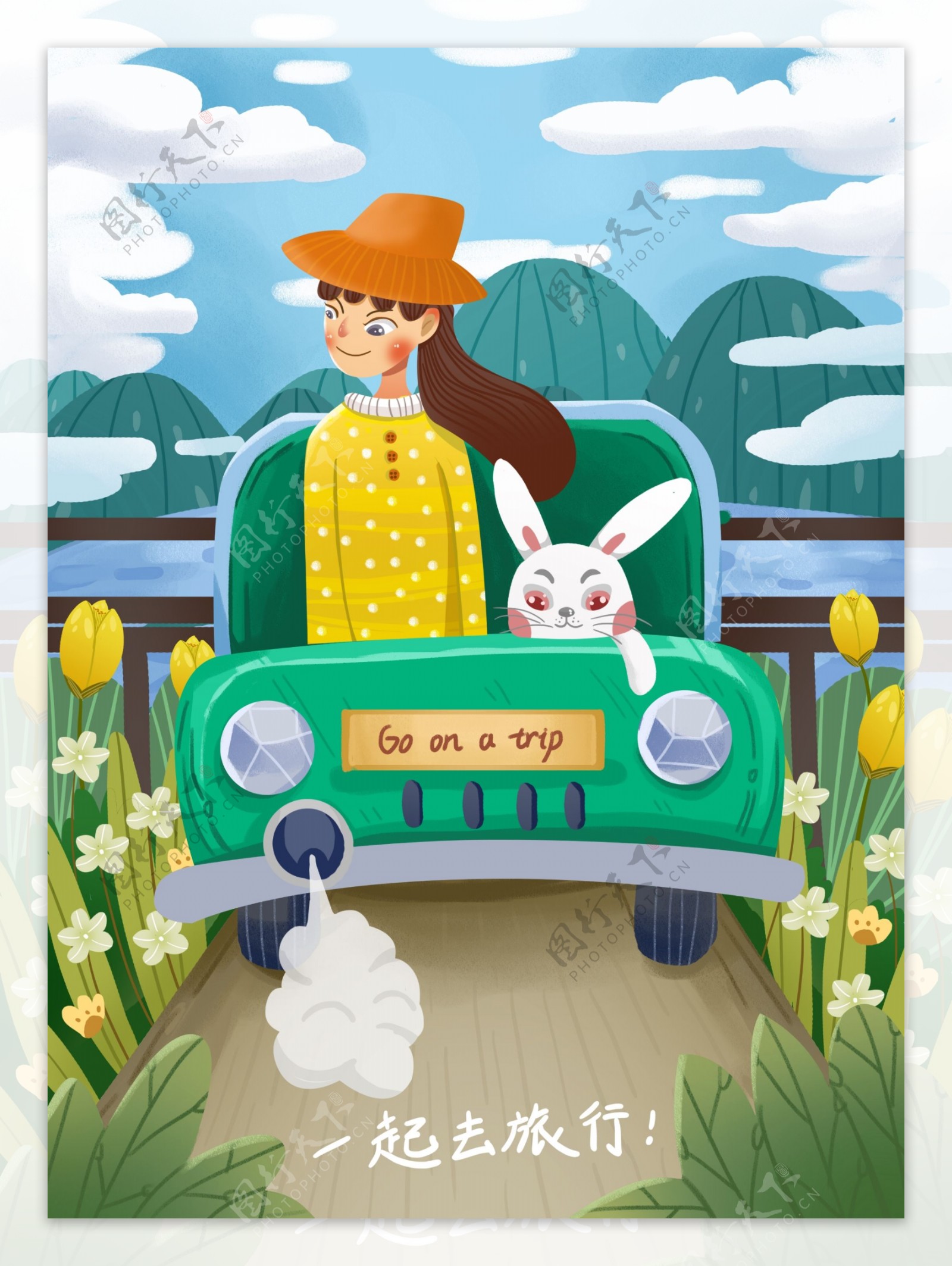 小清新肌理风春游旅行途中的女孩和兔子