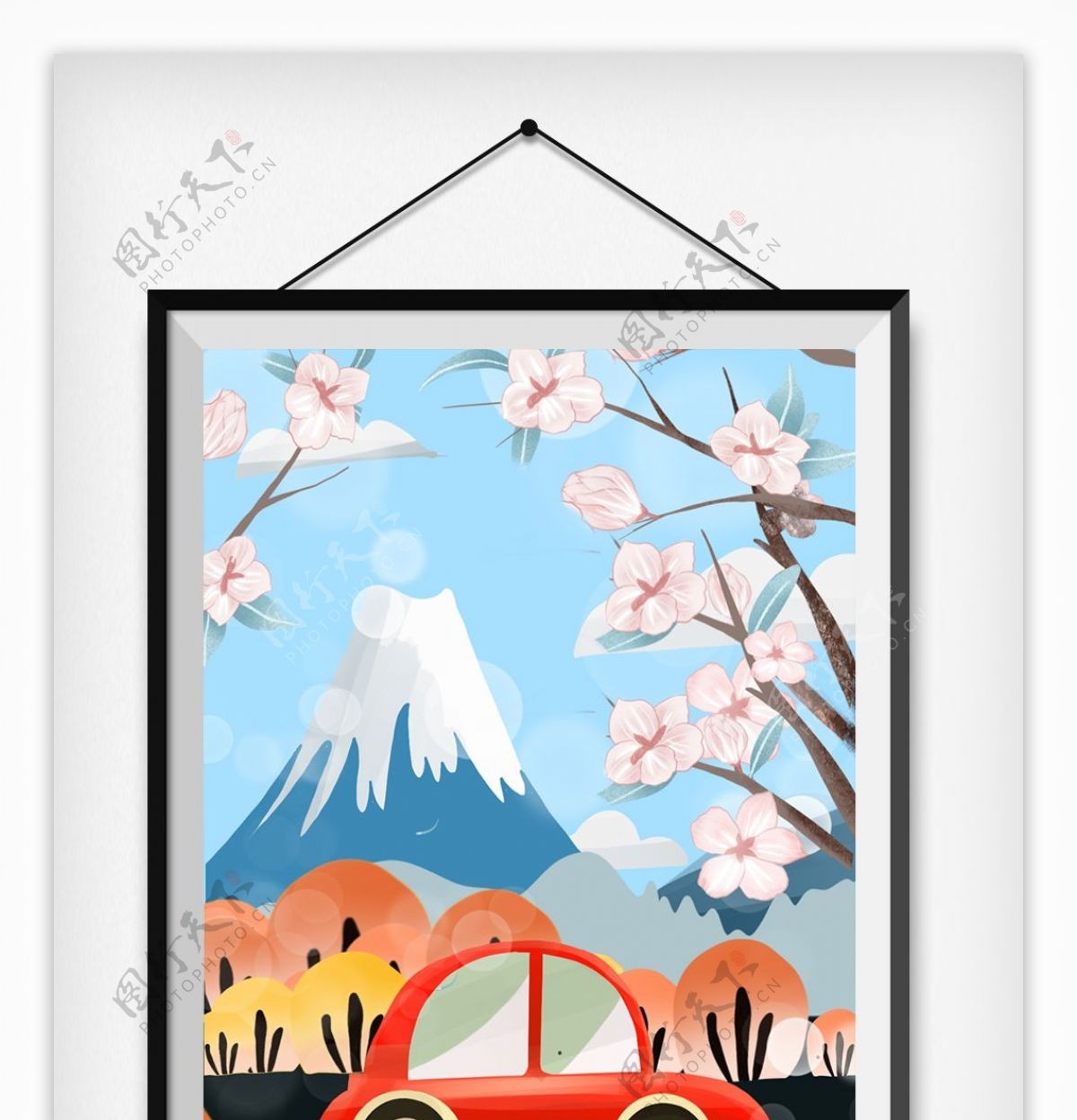 唯美日本旅行自驾游插画樱花富士山
