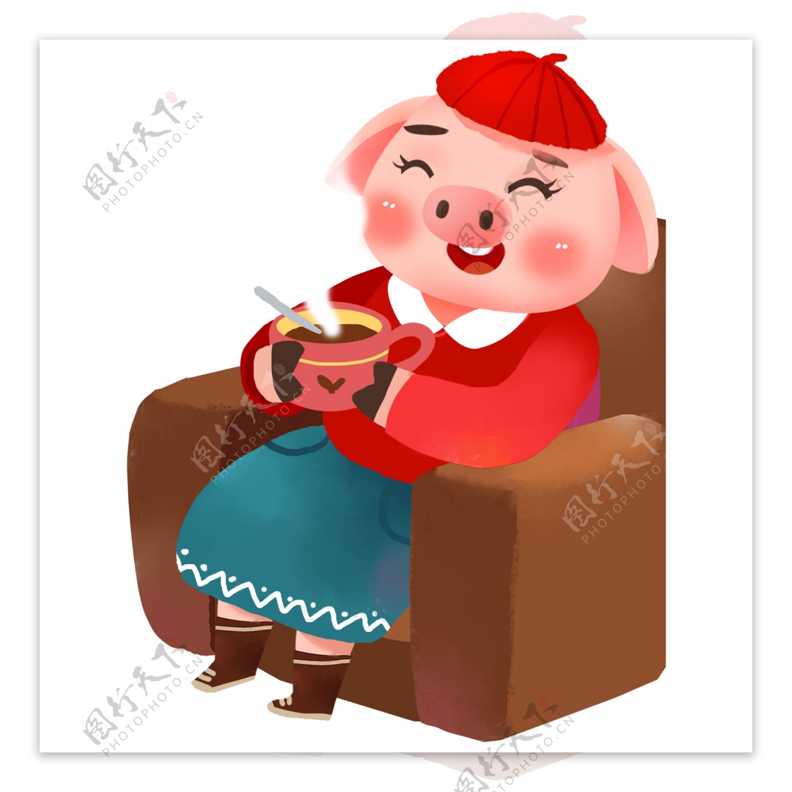 手绘卡通坐在沙发上喝茶的猪妈妈元素