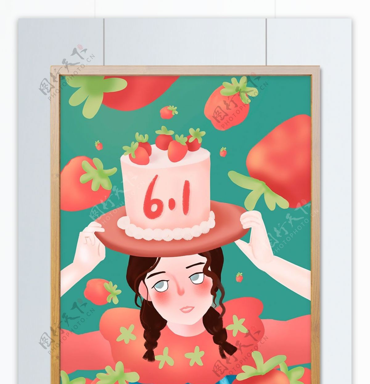 原创六一儿童节礼物草莓生日蛋糕配图插画