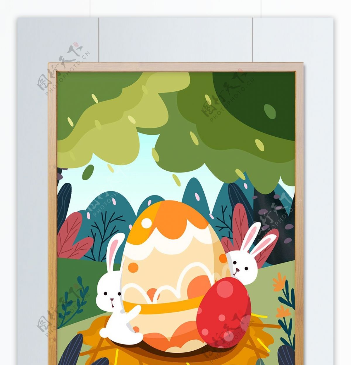 复活节卡通可爱白兔子彩蛋森林