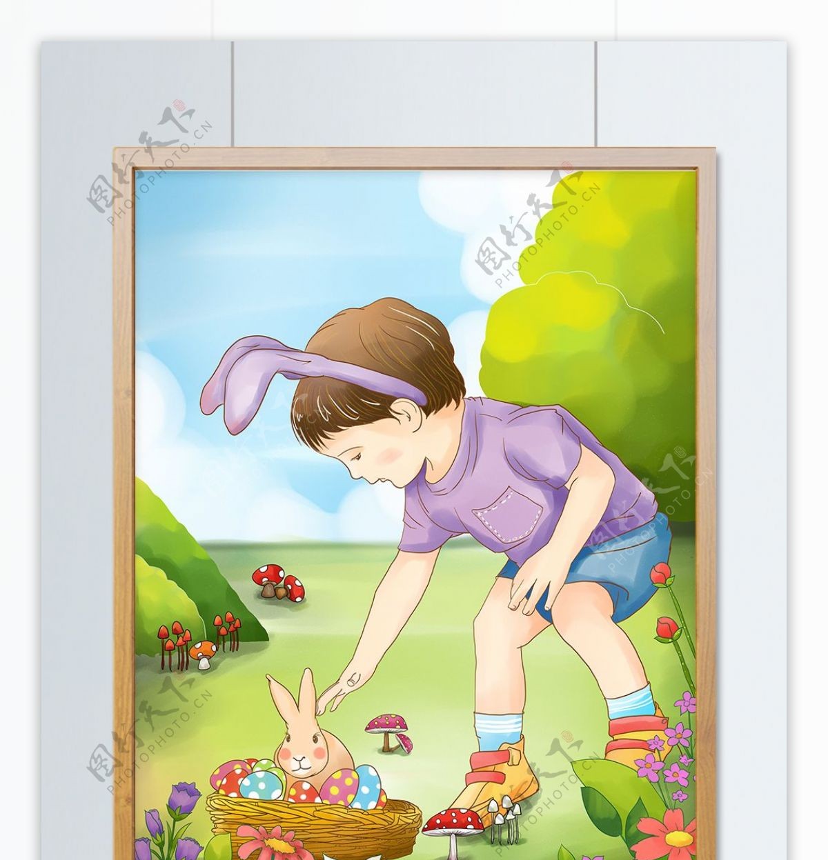 复活节小男孩在兔子窝里捡彩蛋