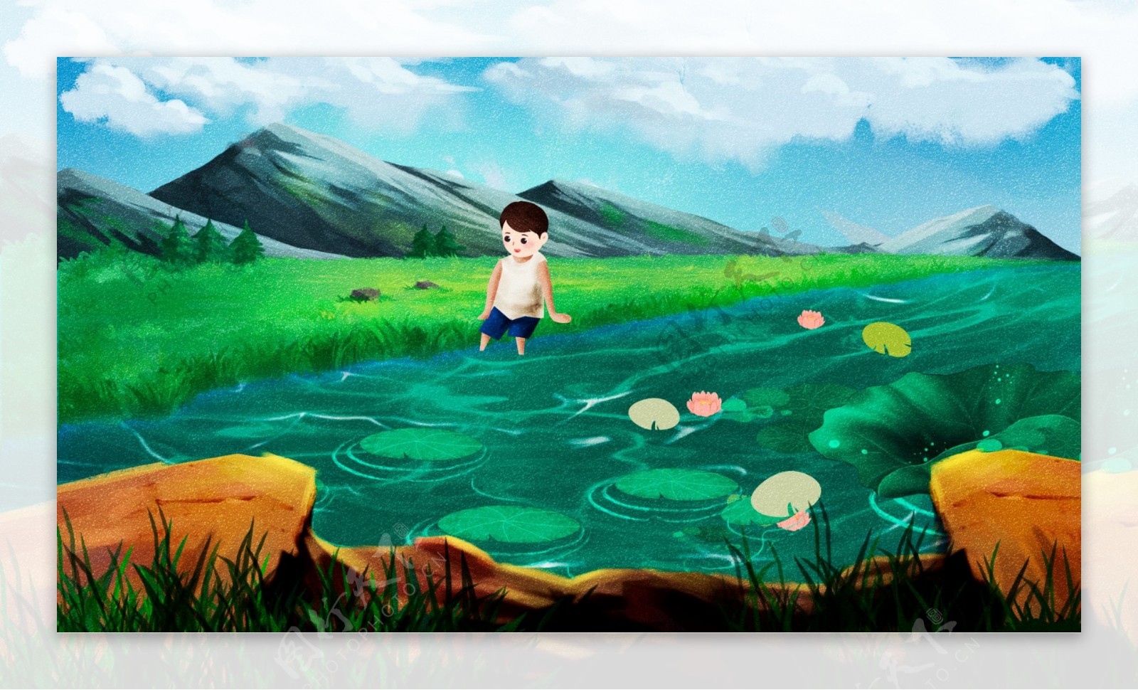 夏至小清新插画夏天河边玩水的男孩