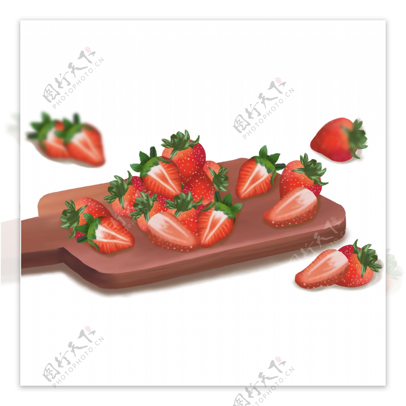 手绘案板上的新鲜草莓元素