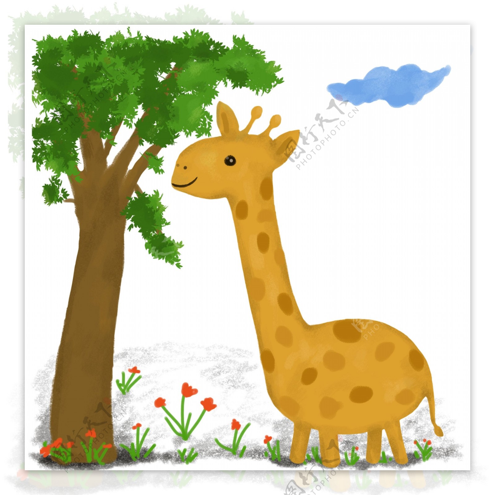 手绘树底下的长颈鹿卡通元素