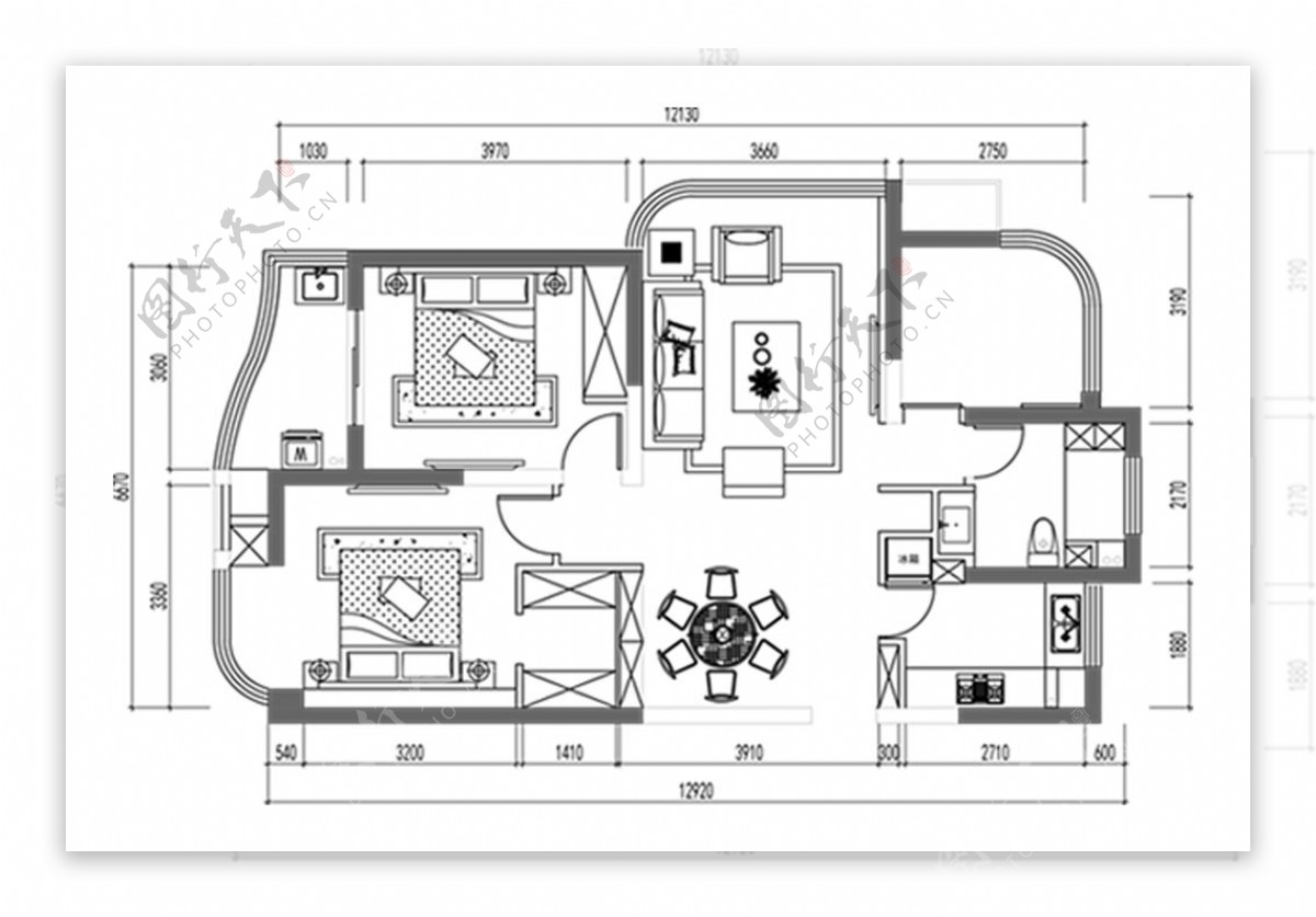 三房住宅户型CAD方案