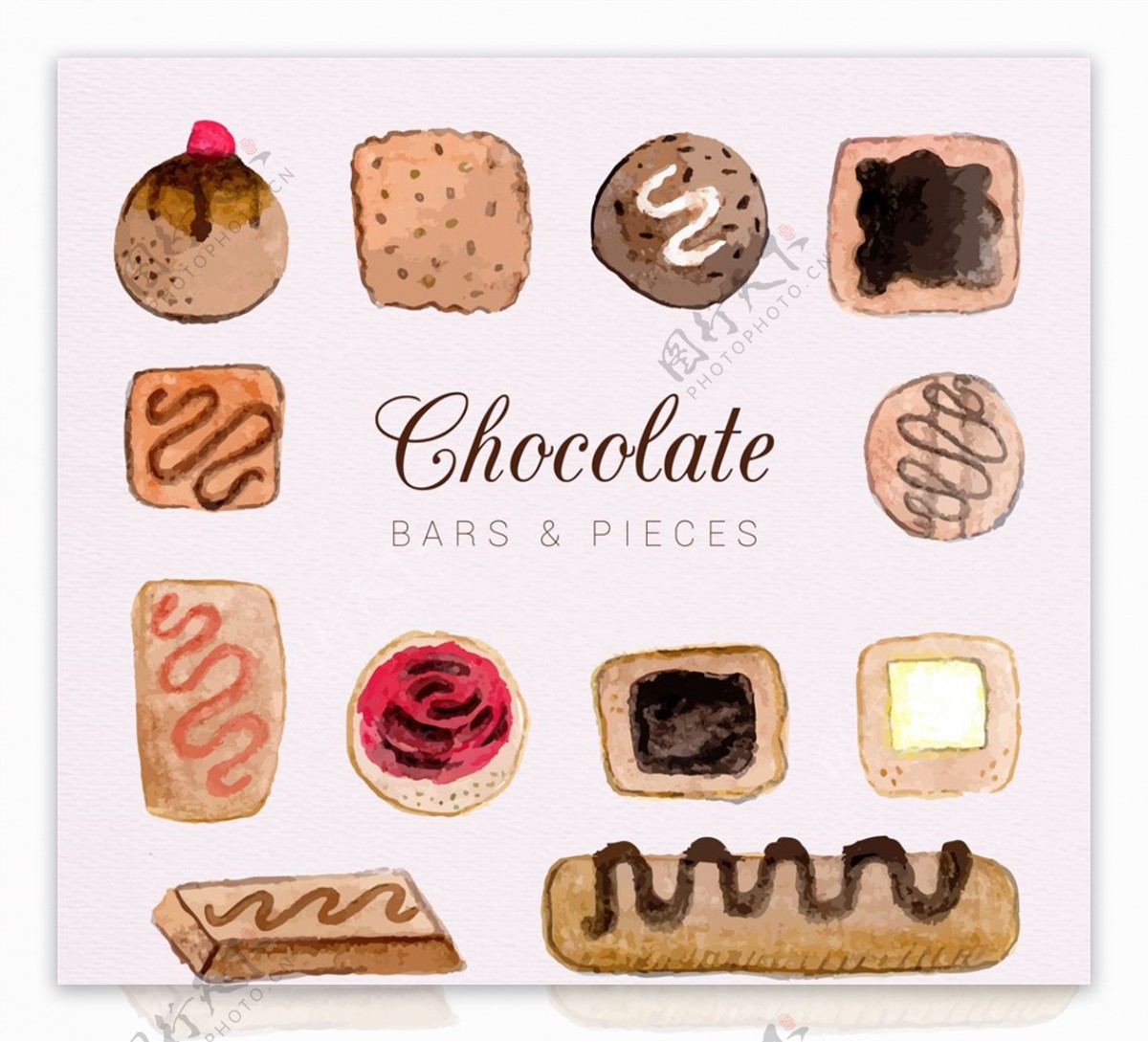 手绘巧克力块和巧克力条