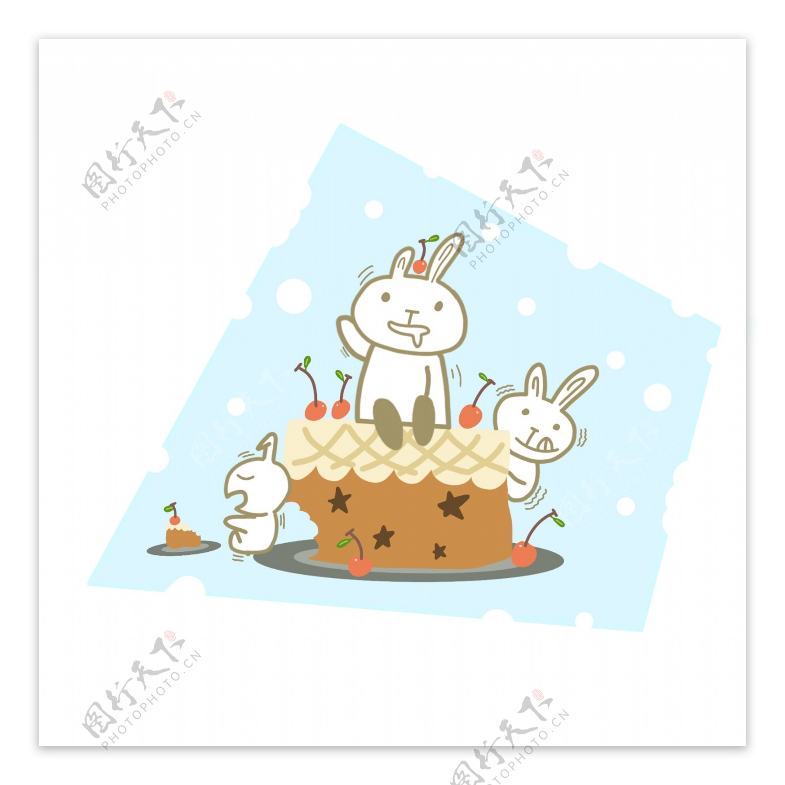 创意卡通可爱三只兔子吃蛋糕装饰图案元素