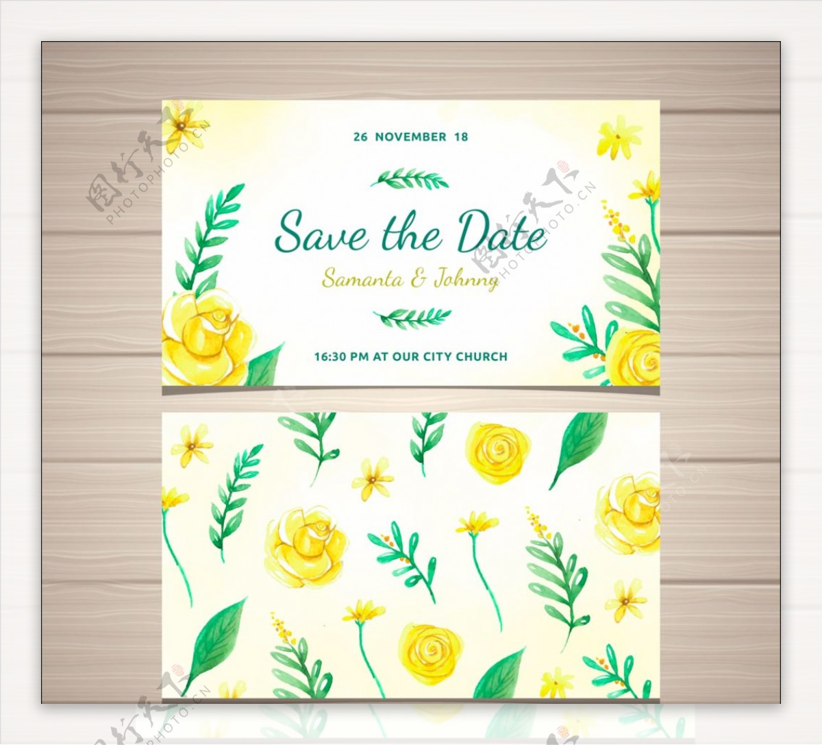 黄色玫瑰花婚礼邀请卡片