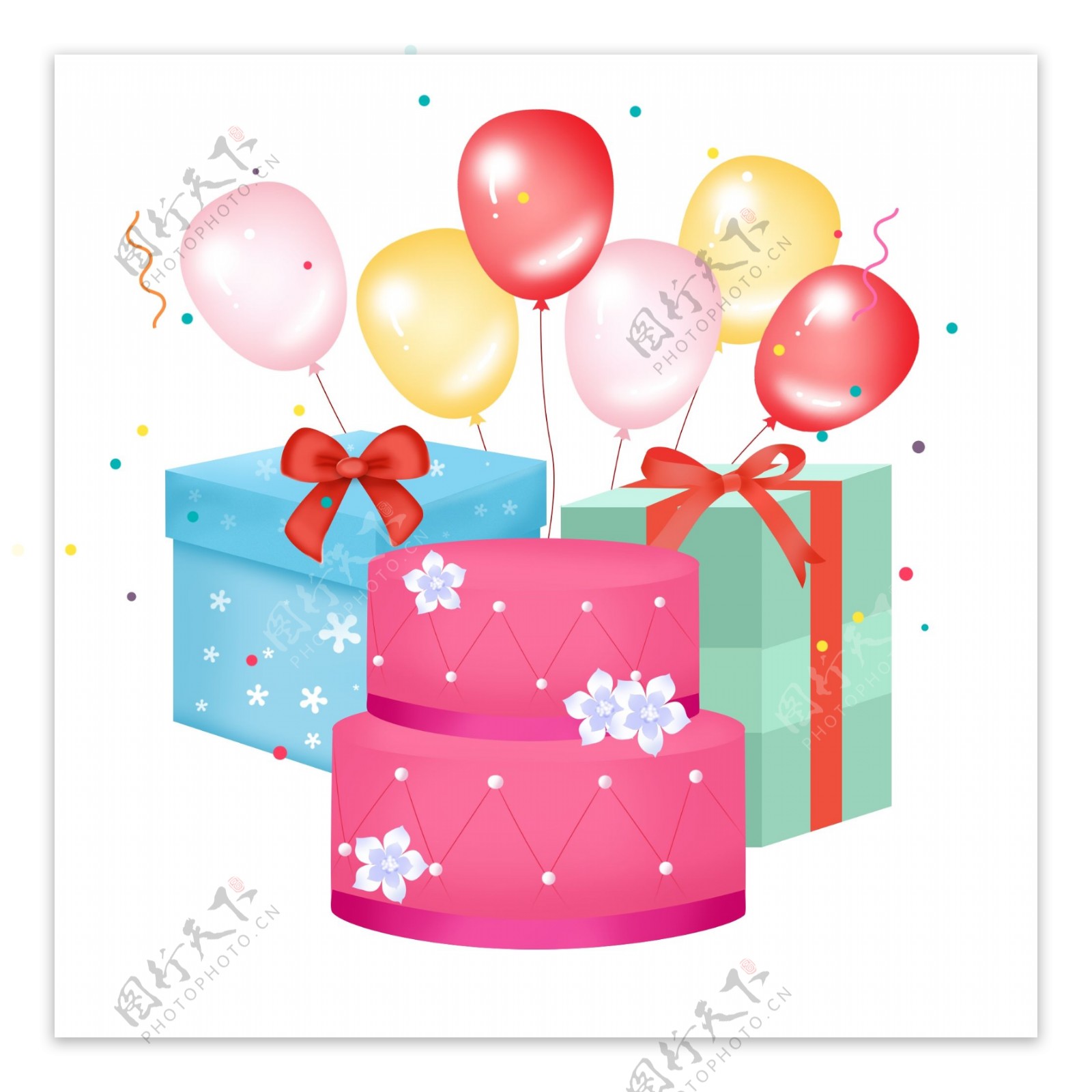 礼花节日气球礼品盒手绘卡通蛋糕装饰元素