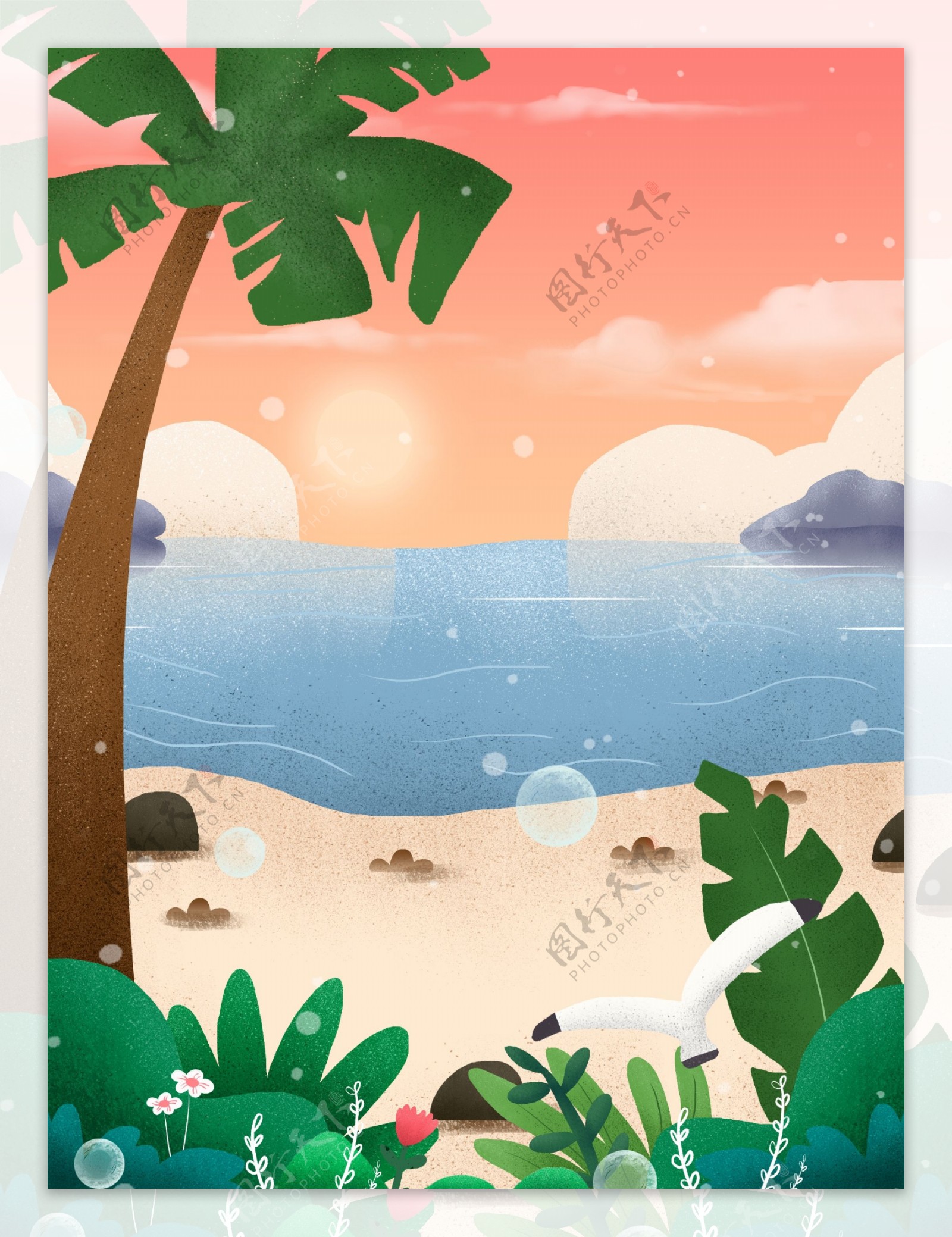 手绘夏日海滩椰树背景设计