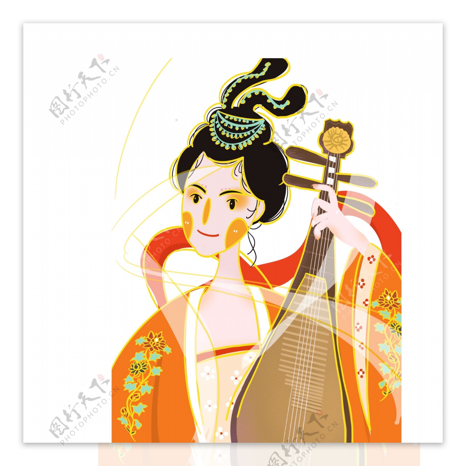 手绘古代弹琵琶的女人设计