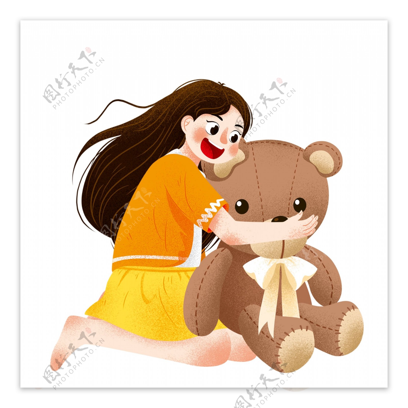 卡通女孩抱小熊插画