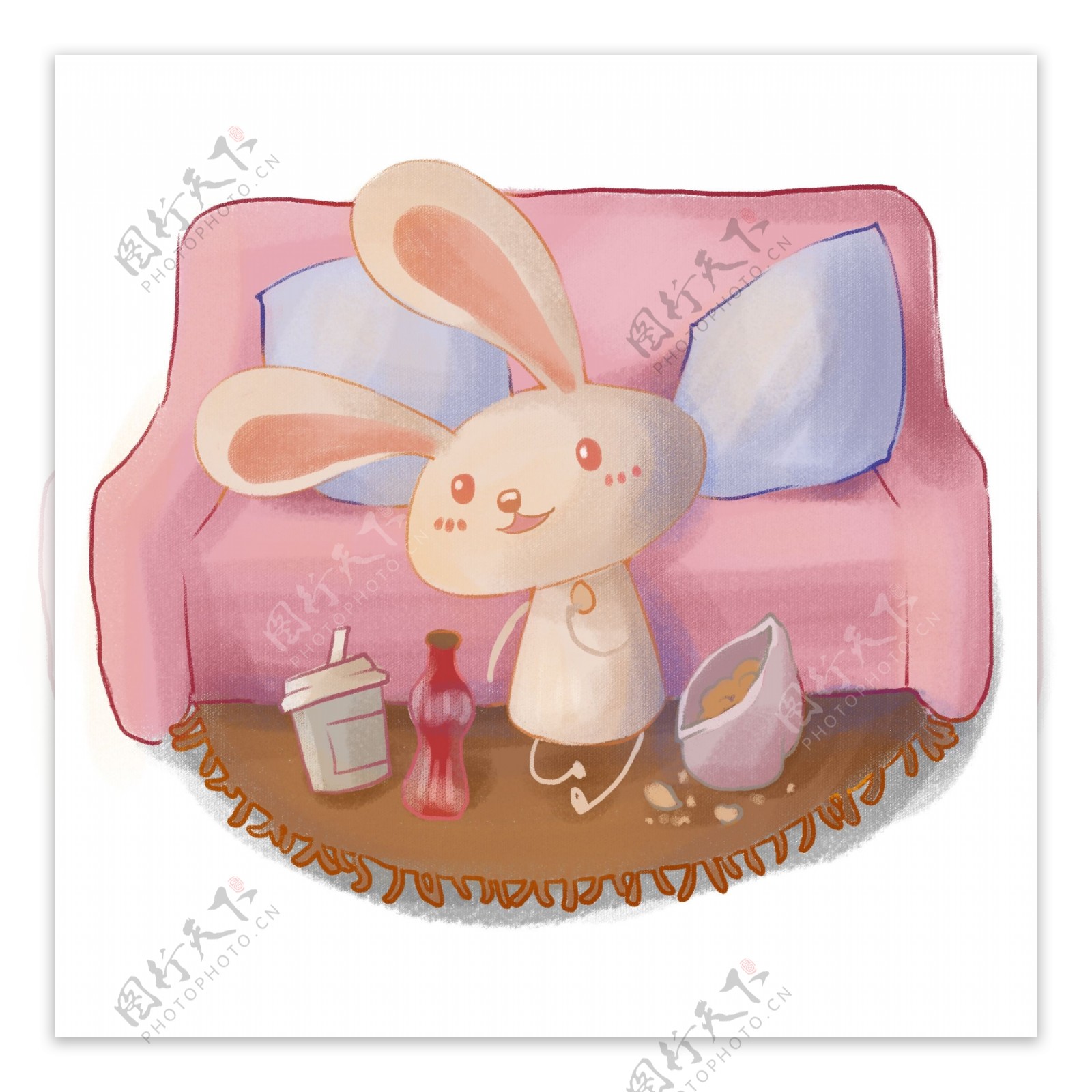 手绘卡通可爱兔子在家沙发抱枕零食