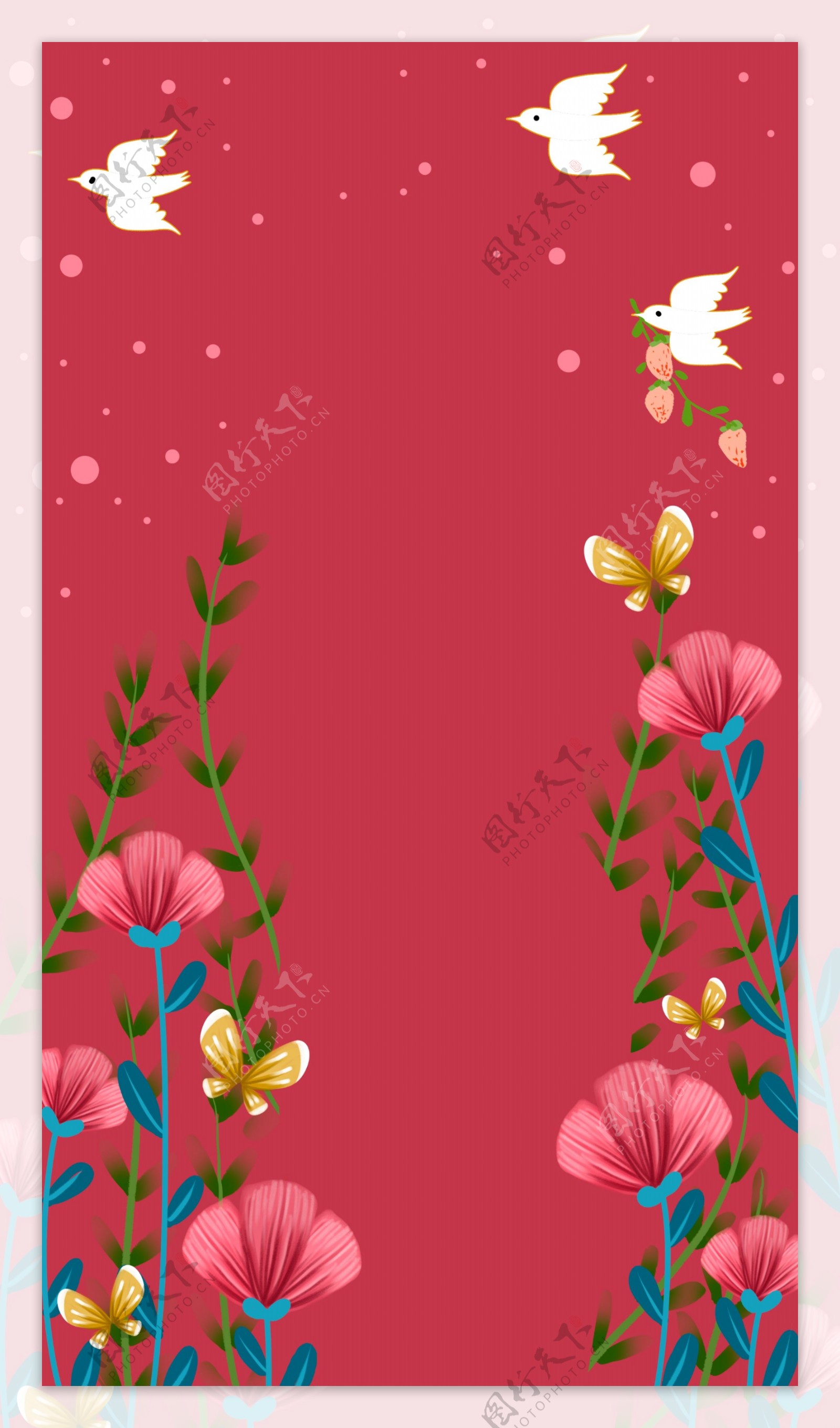 红色唯美花卉植物插画背景