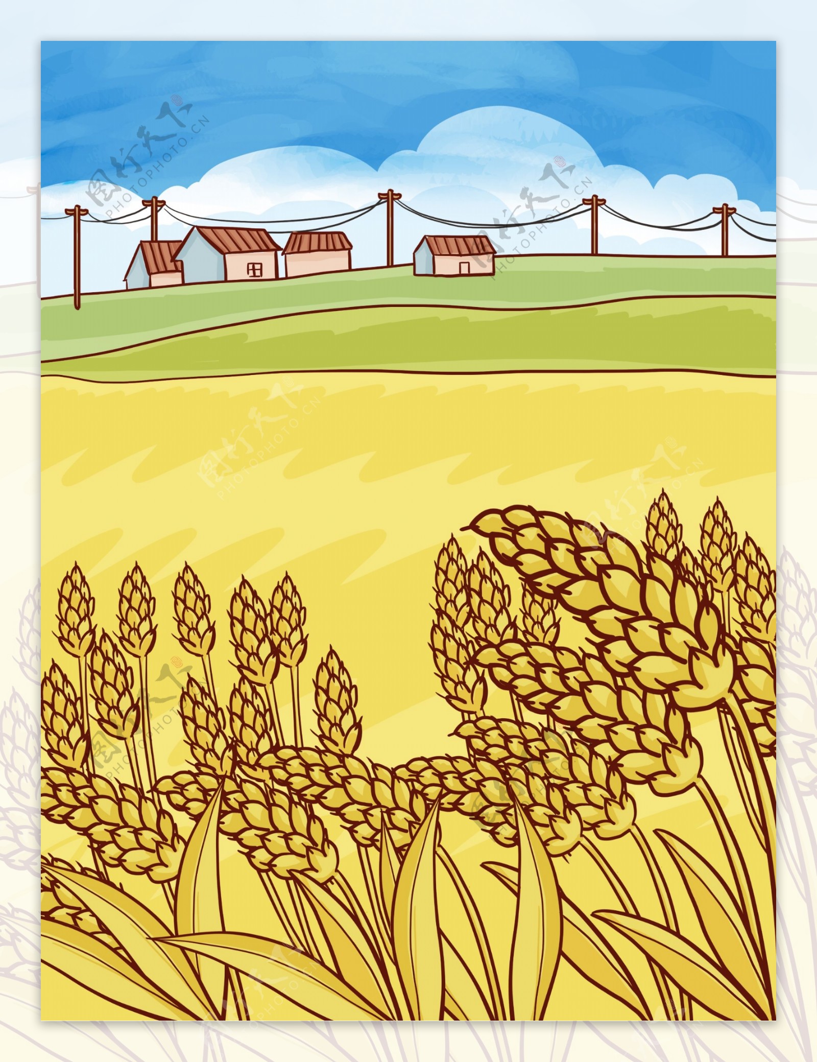 唯美手绘小麦丰收插画背景
