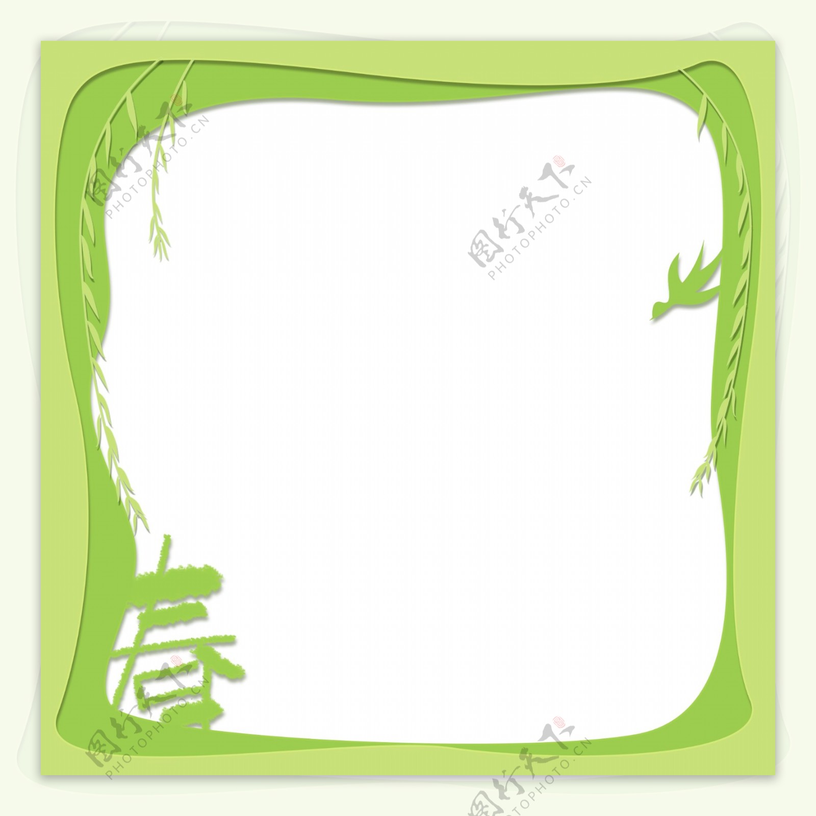 春季绿色柳叶边框剪纸风叠加PNG图