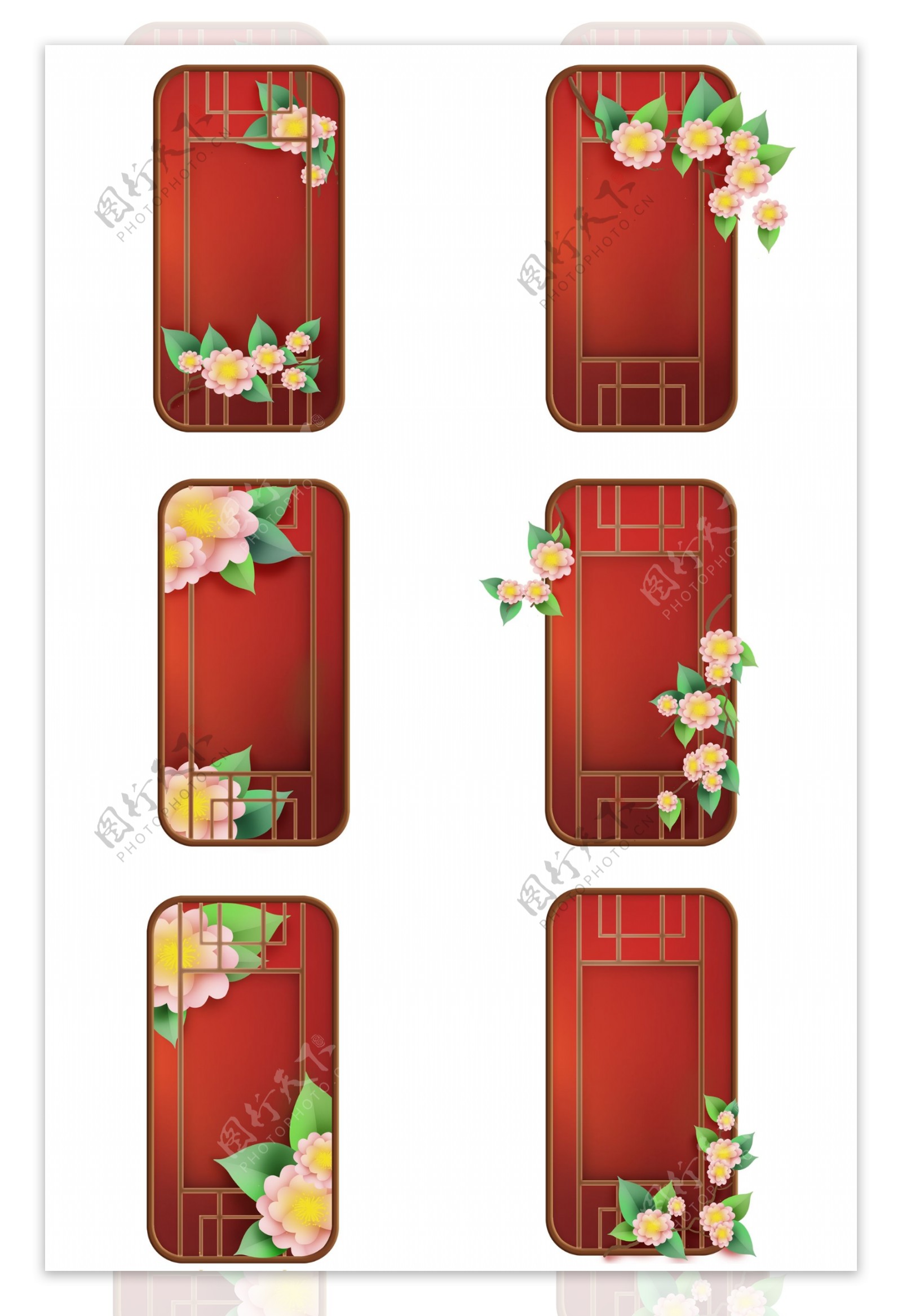 红色窗格和花卉窗框中国风