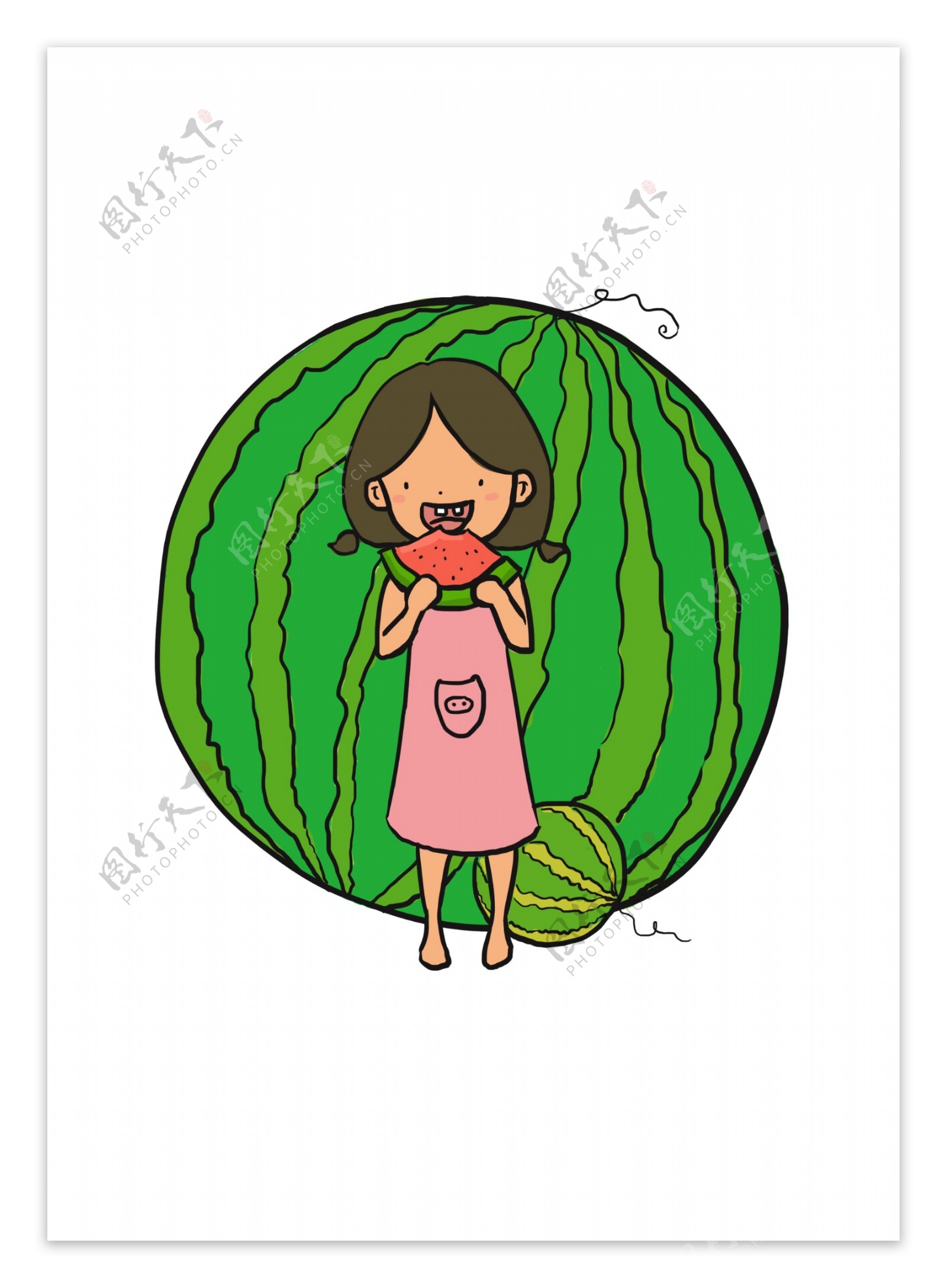 小女孩站在大西瓜前面吃西瓜