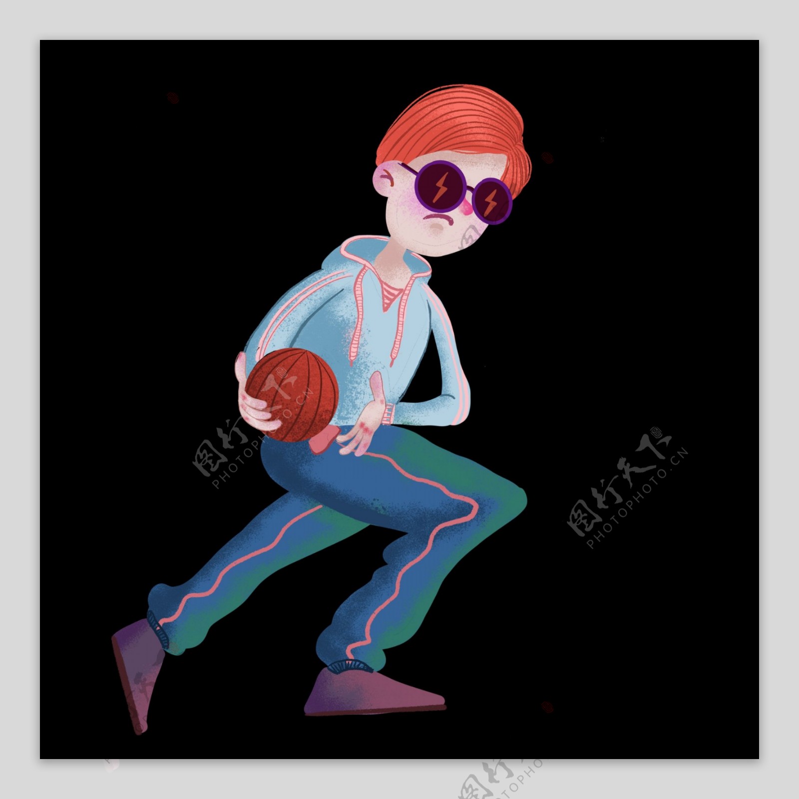 青年节卡通手绘戴墨镜打篮球男孩