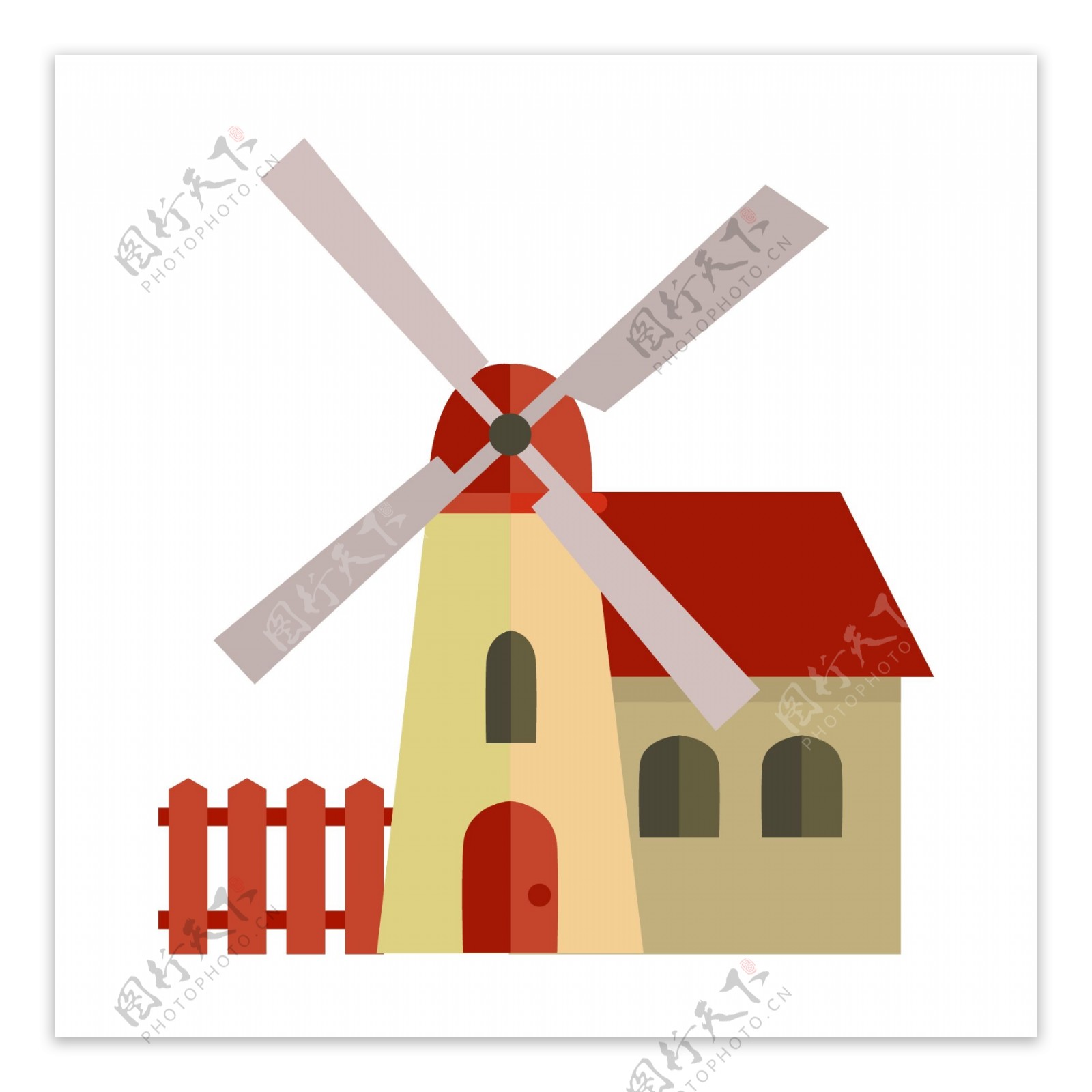 房子栅栏和风车插图