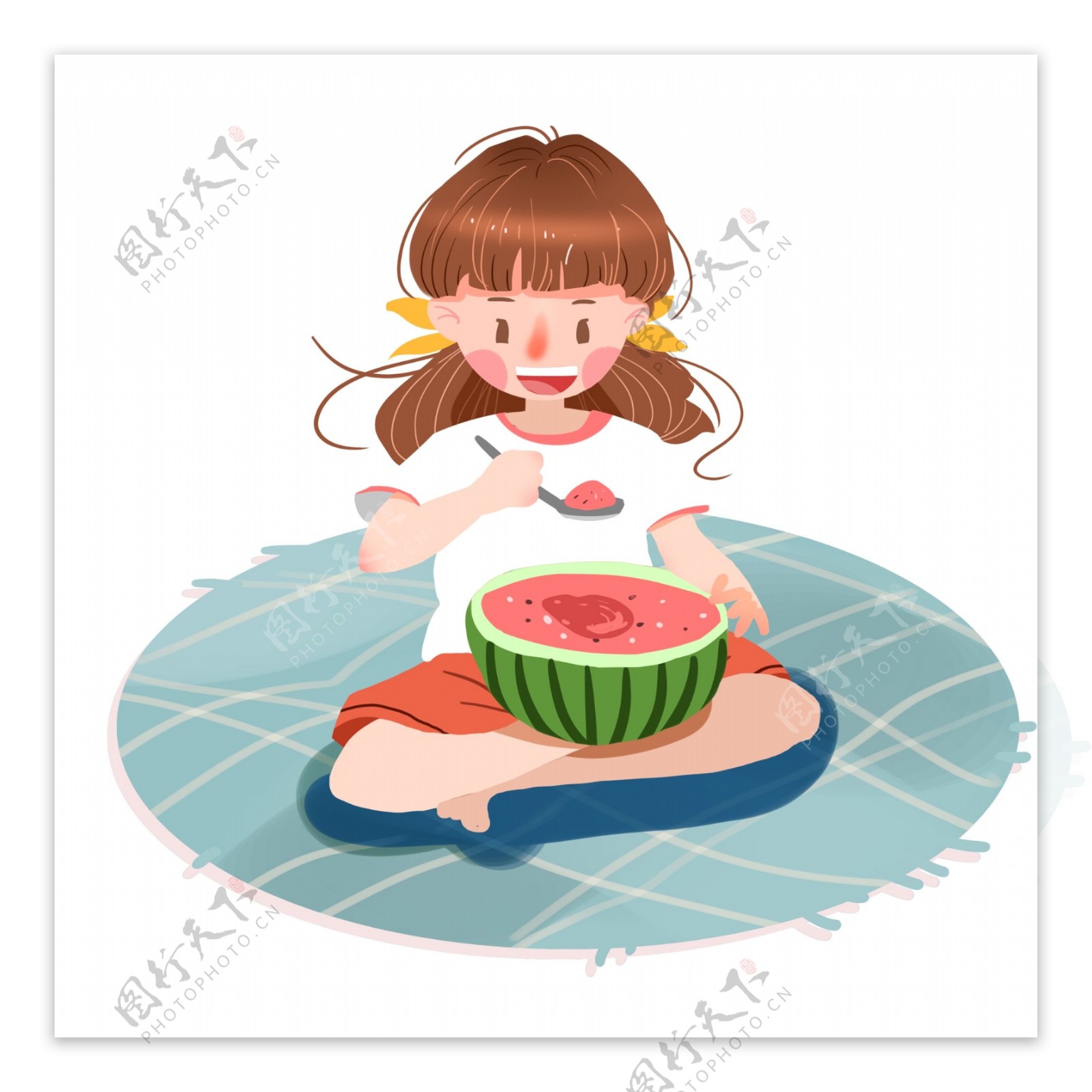 清新夏天吃西瓜的女孩插画设计