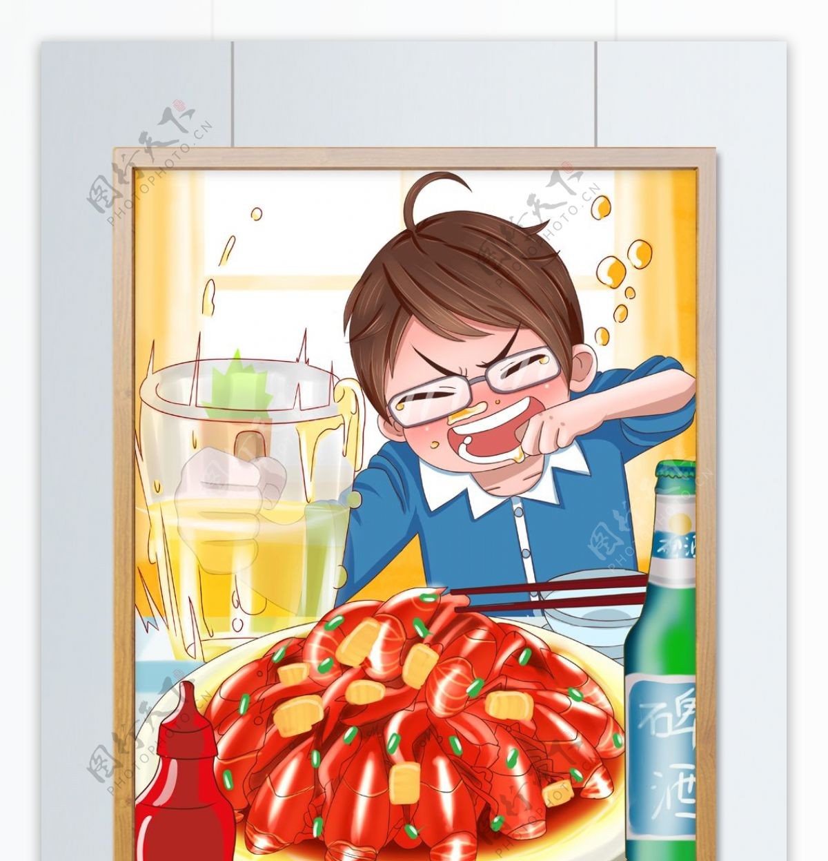 原创手绘插画食物插画龙虾啤酒夏日狂欢